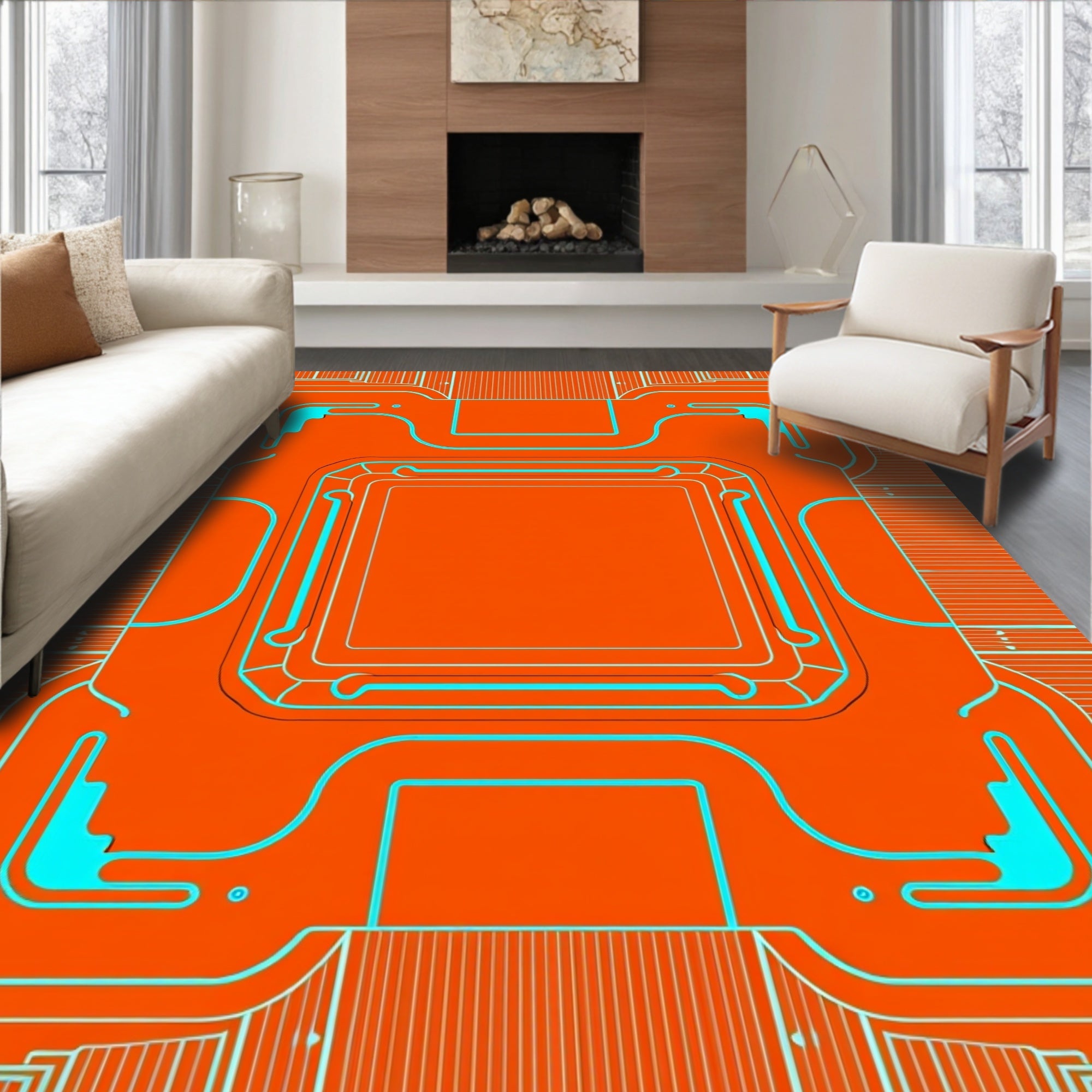 Bright Orange Circuit Board Geometric Rug