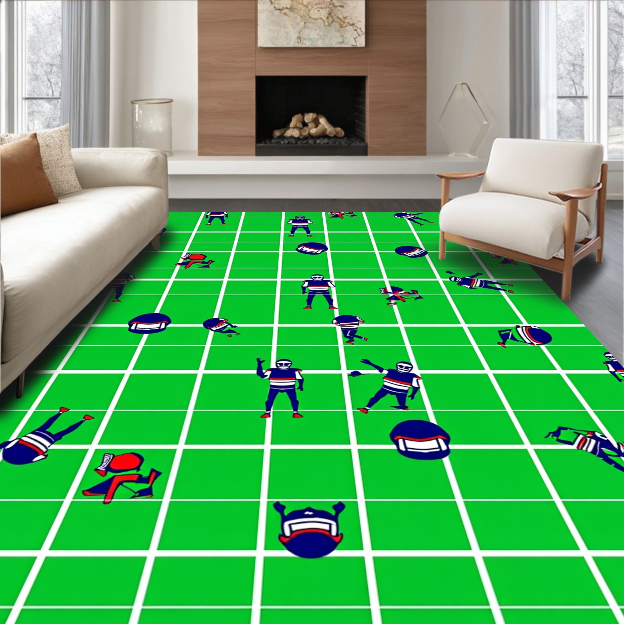 Green White Grid Football Players Rug