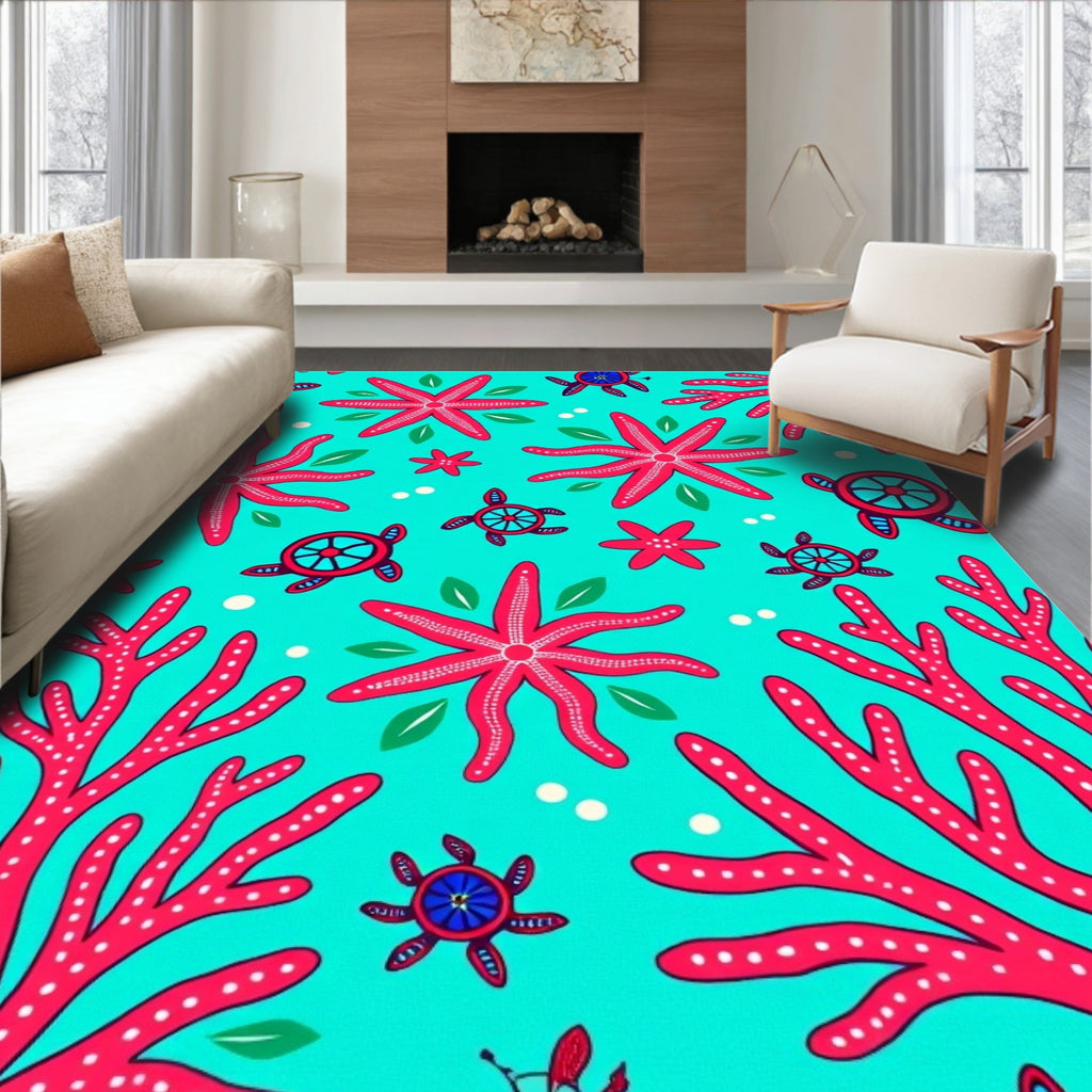 Aqua Red Coral Starfish Turtle Theme Rug