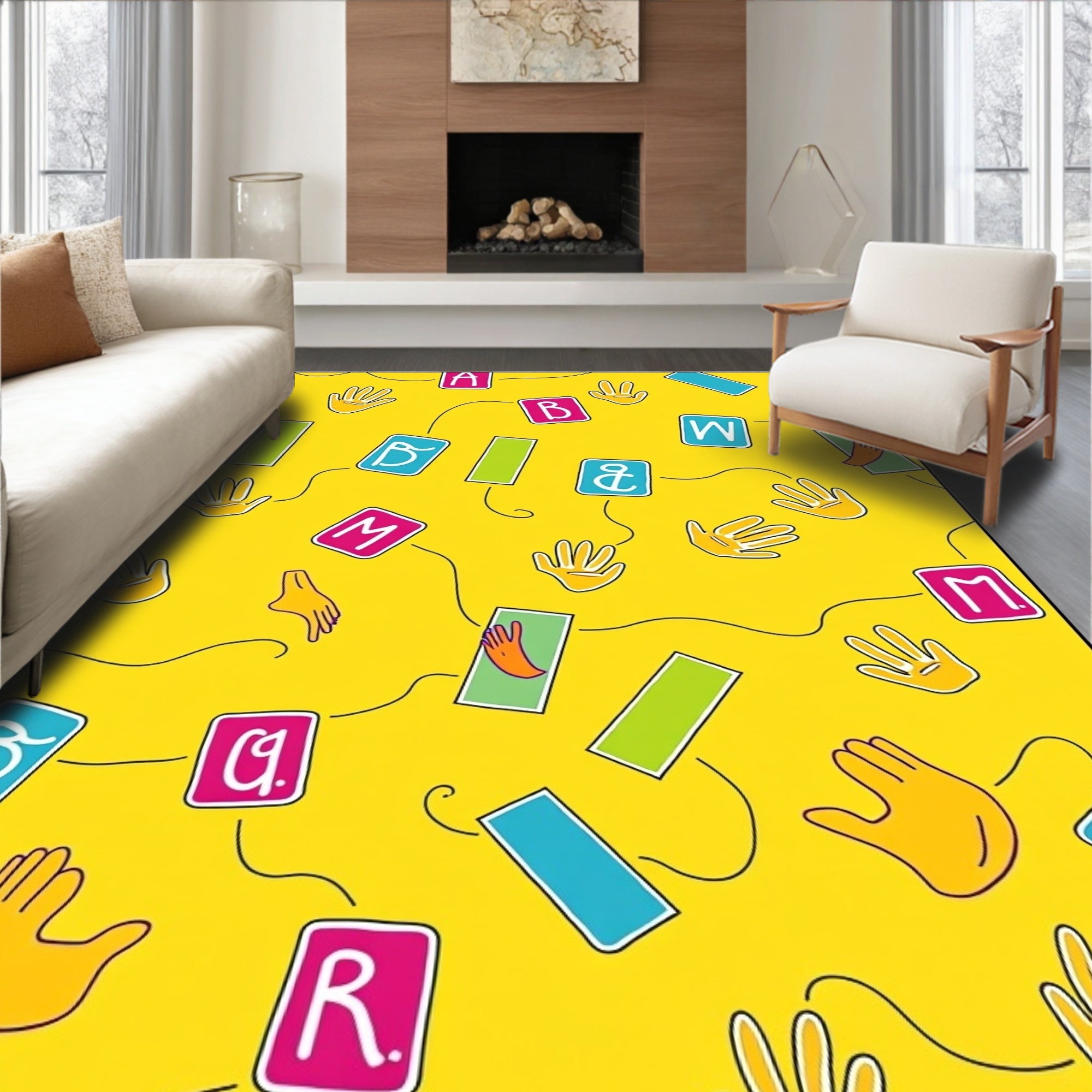 Yellow Alphabet Hand Rectangles Rug