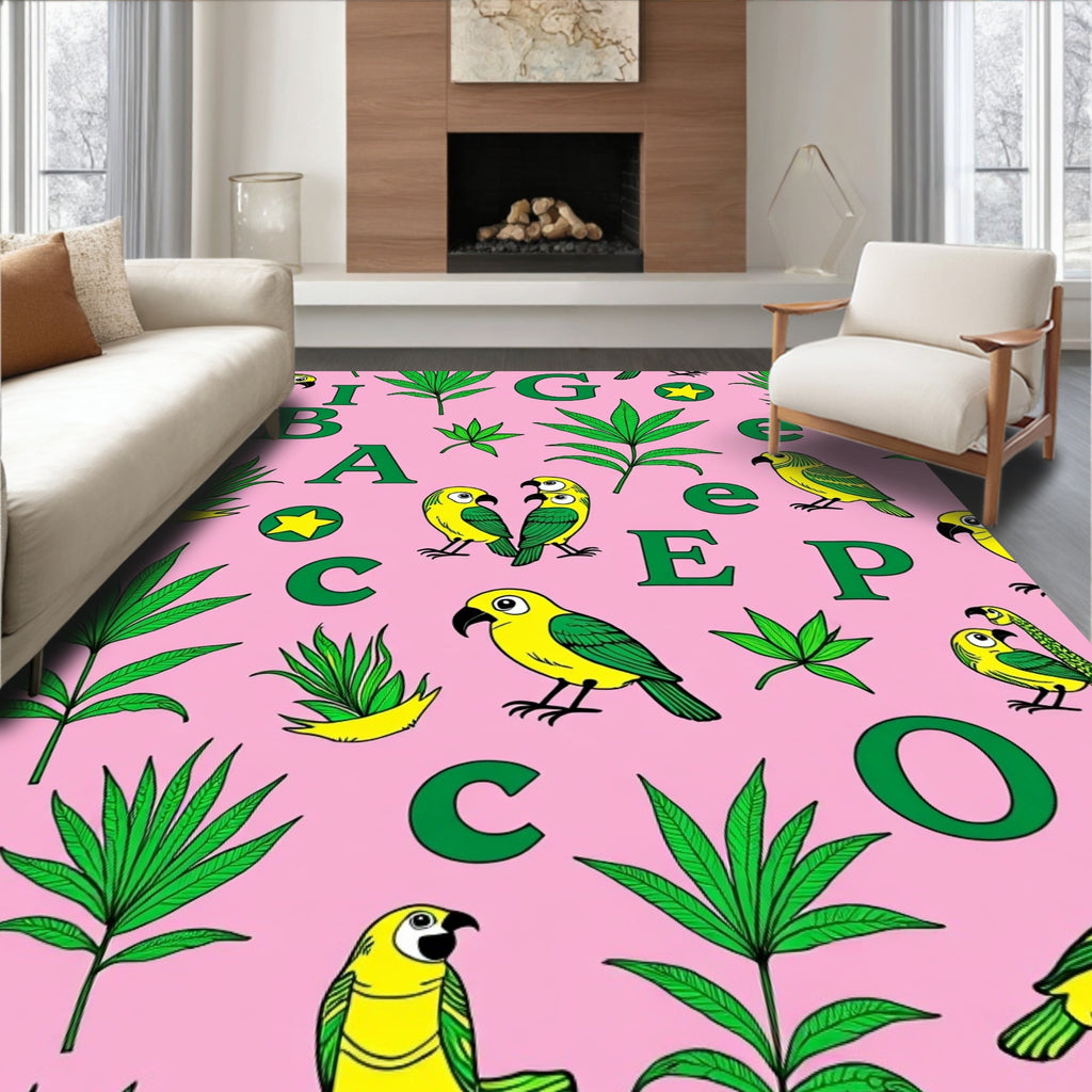 Whimsical Yellow Parrots Green Leaves Rug