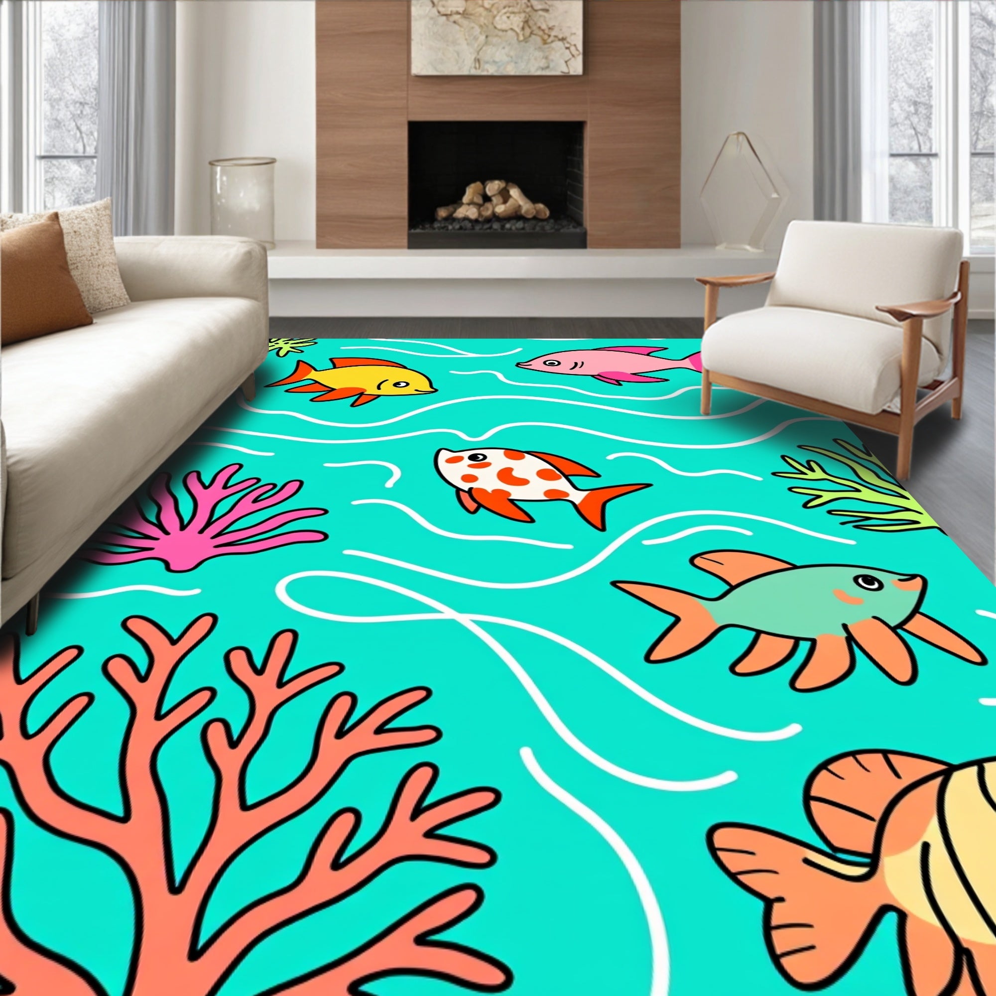 Whimsical Coral Fish Aquatic Whimsy Rug