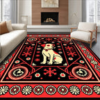 Whimsical Dog Red Black Floral Border Rug