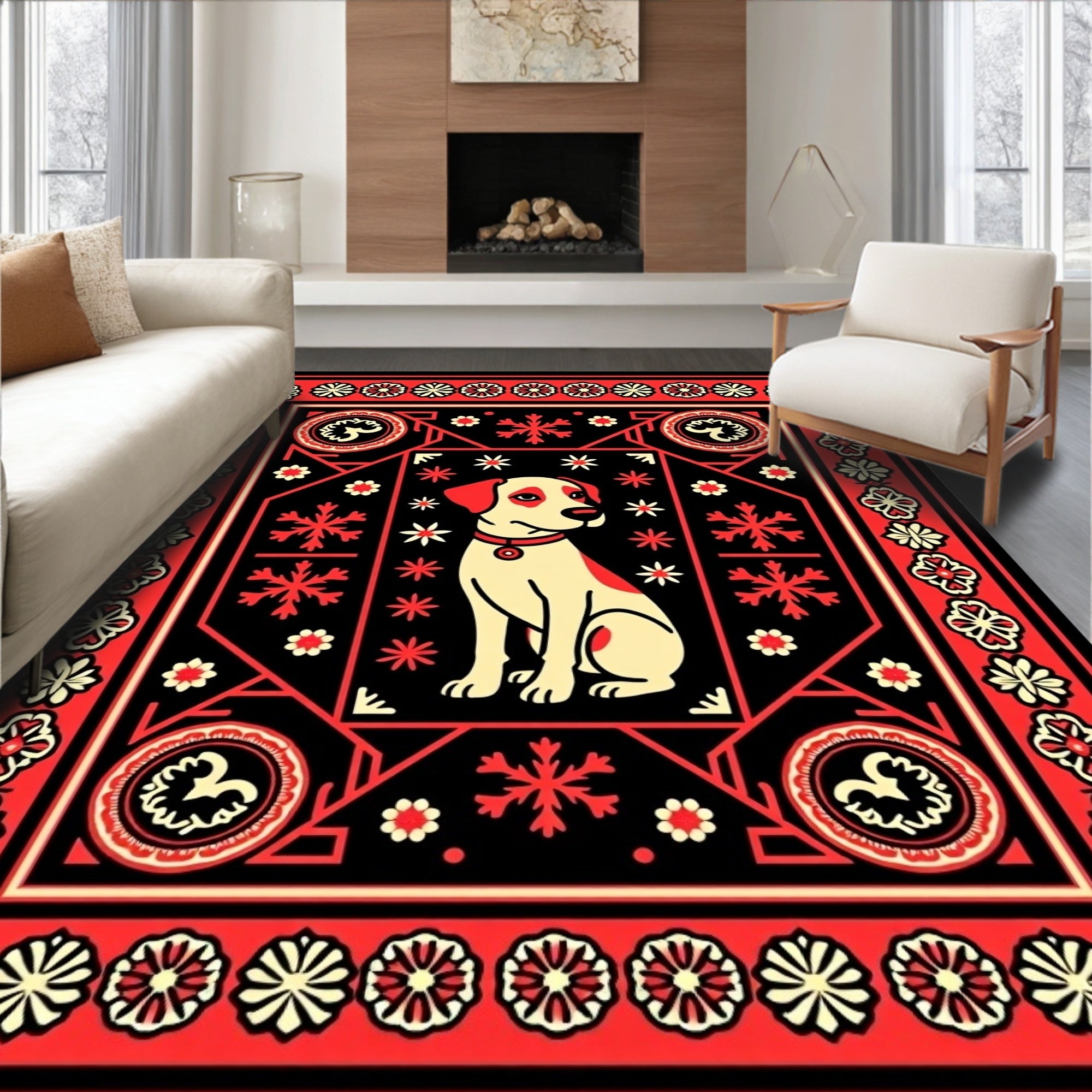 Whimsical Dog Red Black Floral Border Rug