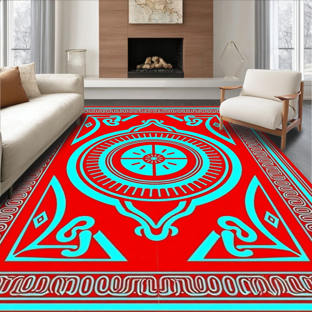 Crimson Cyan Mandala Sunburst Rug