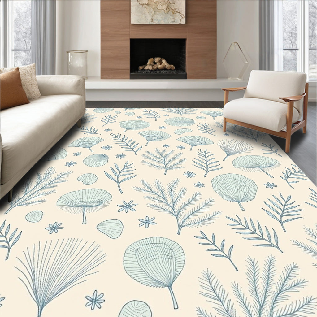 Pale Blue Botanical Fern Fan Rug