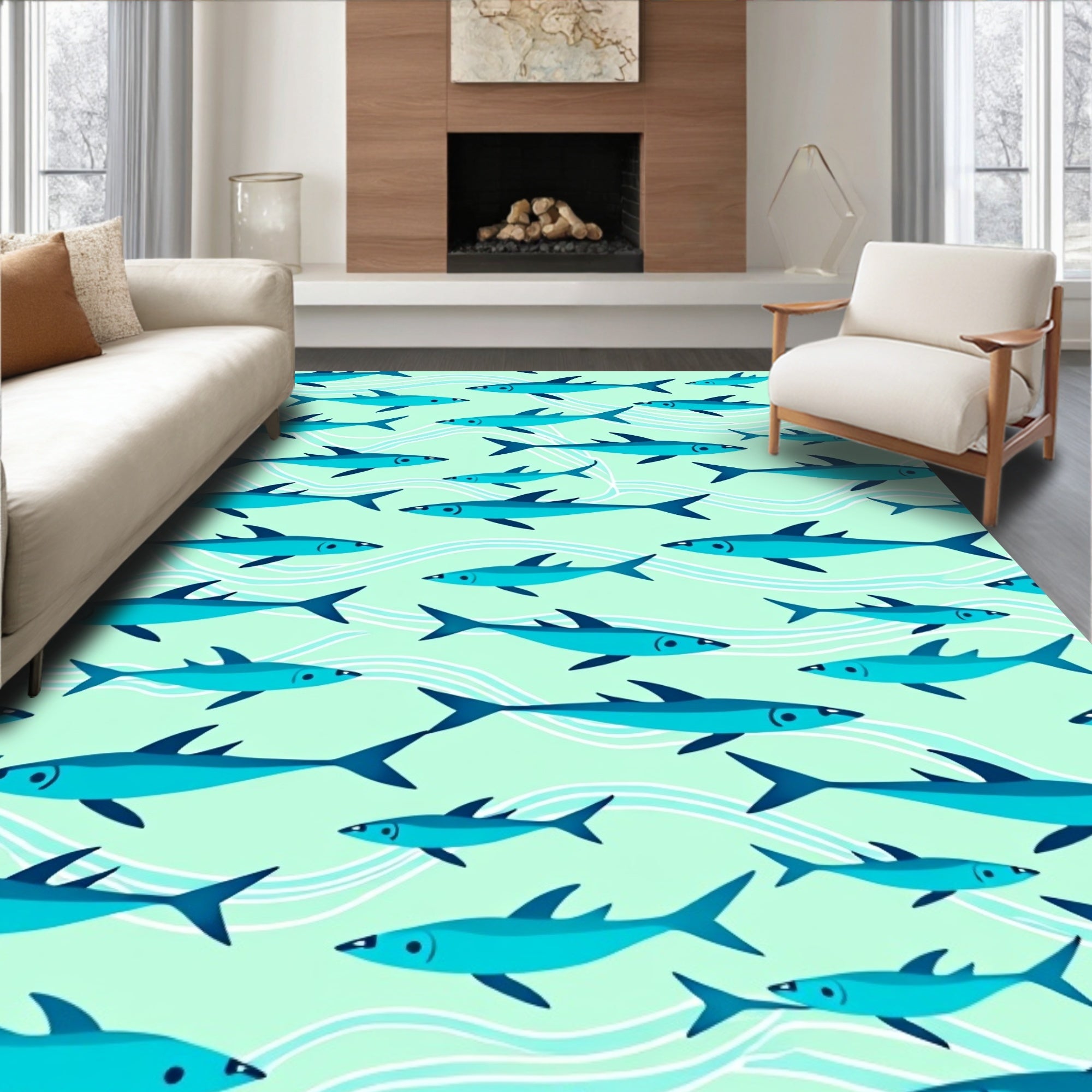Aqua Schooling Fish Waves Rug