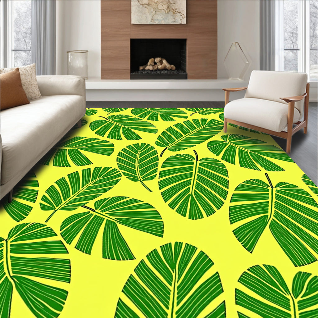 Vibrant Green Jungle Leaf Pattern Rug