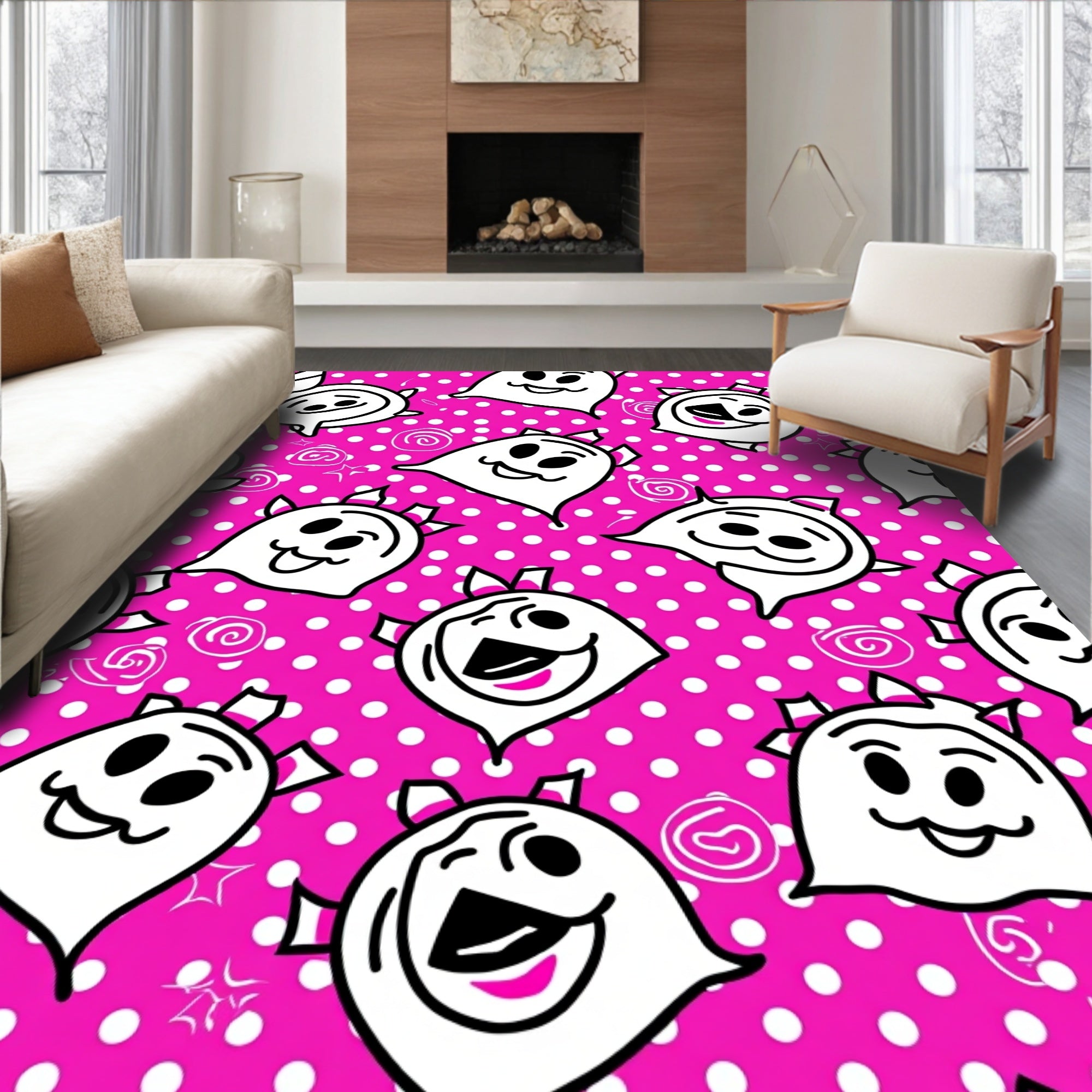 Whimsical Pink Ghost Polka Dot Rug