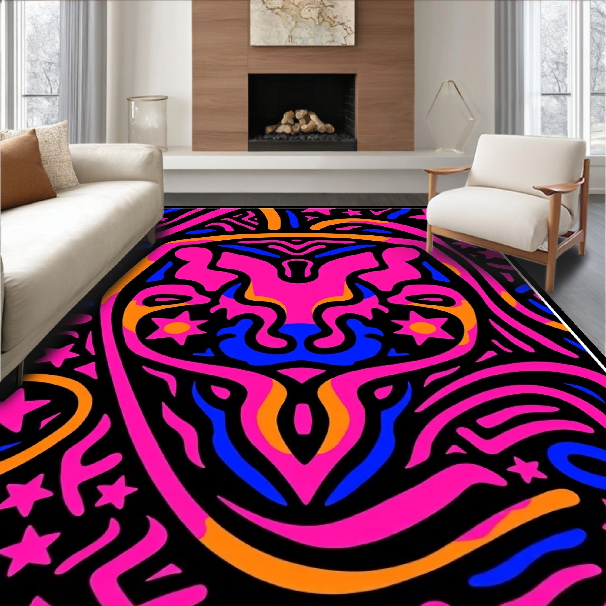 Vibrant Pink Blue Orange Starburst Swirl Rug
