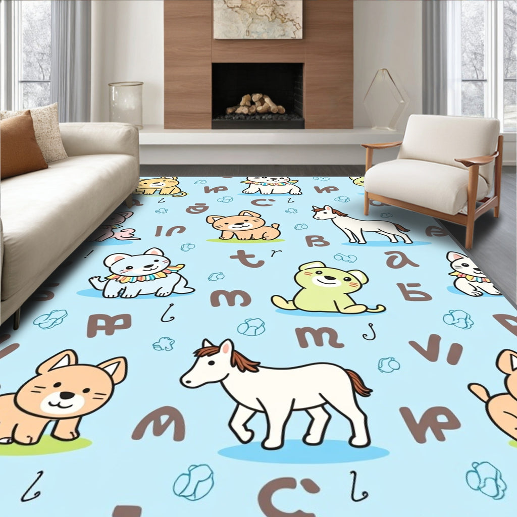 Cute Cat and Horse Alphabetical Print Rug