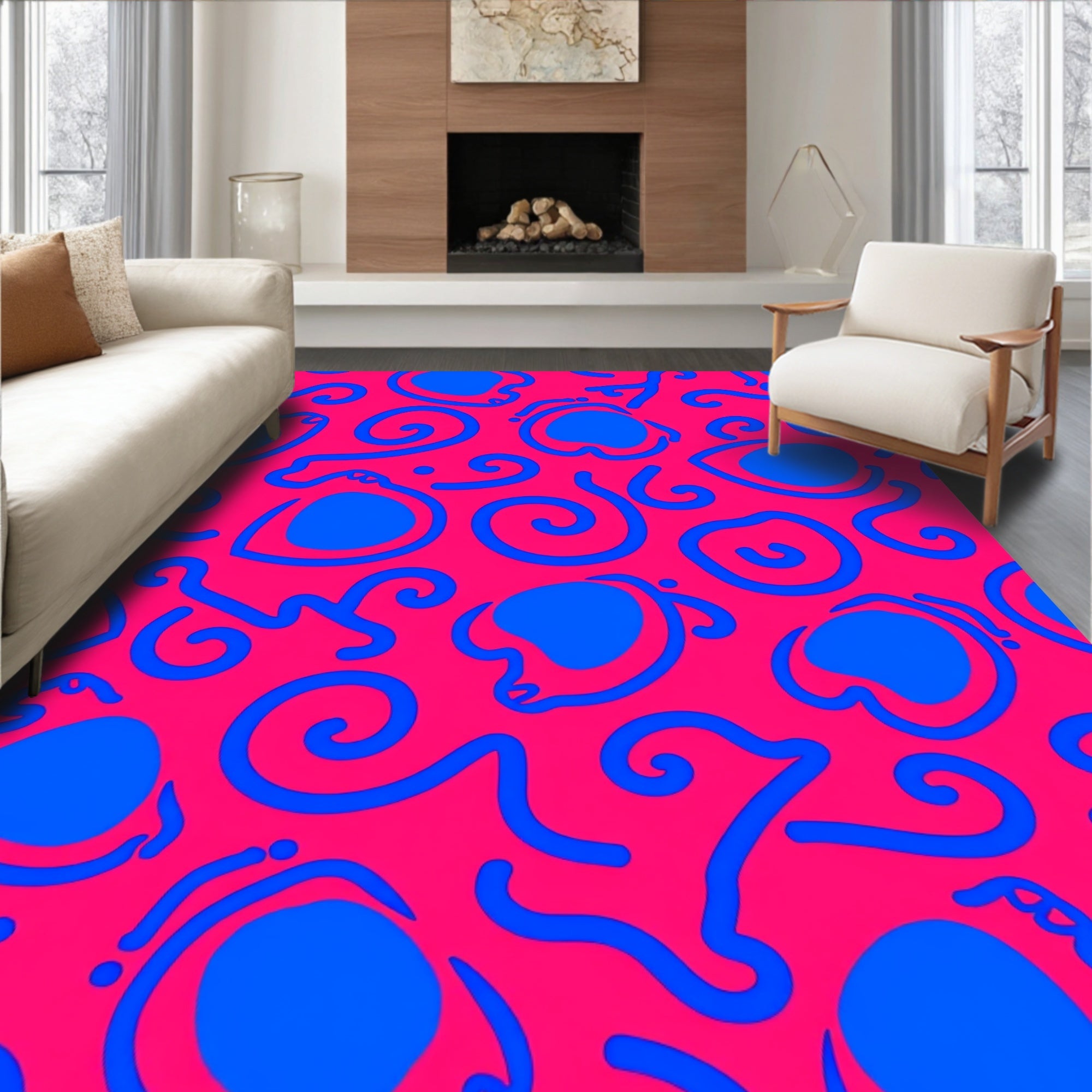 Vibrant Pink Blue Abstract Swirls Rug