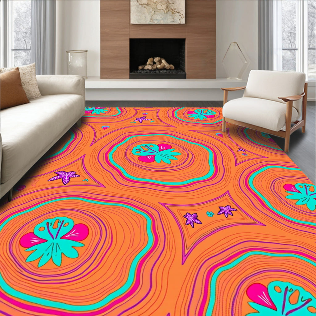 Psychedelic Orange Floral Starfish Swirls Rug
