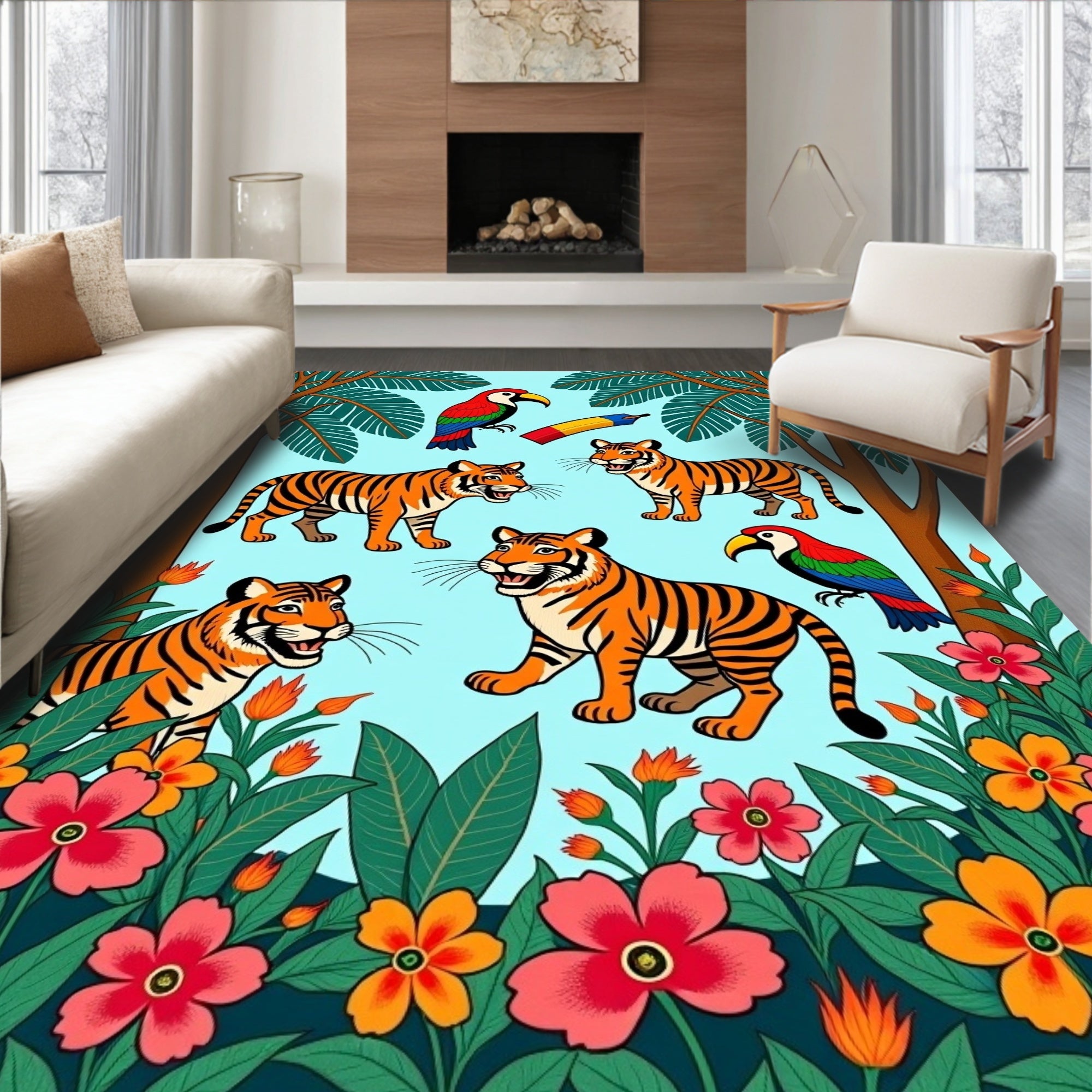Vibrant Jungle Tigers and Toucans Rug