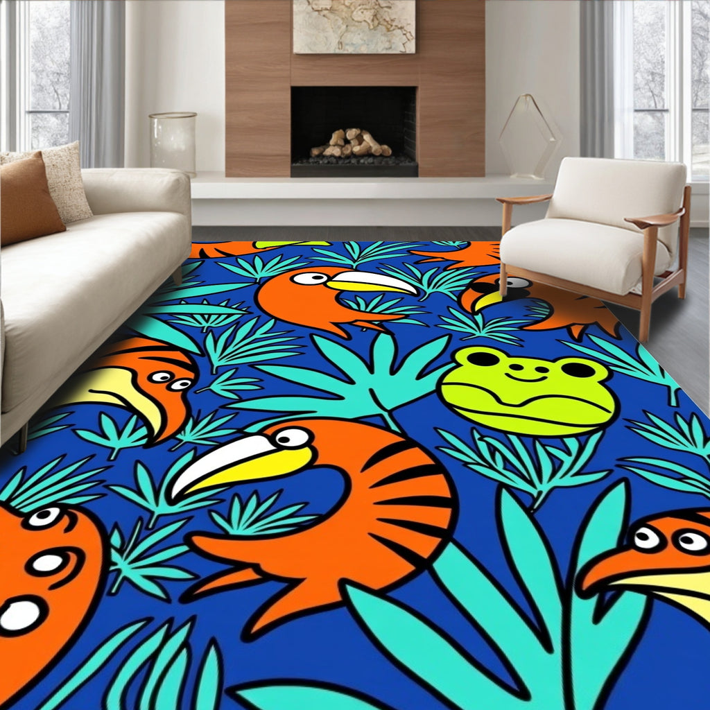 Vibrant Toucan Frog Jungle Scene Rug