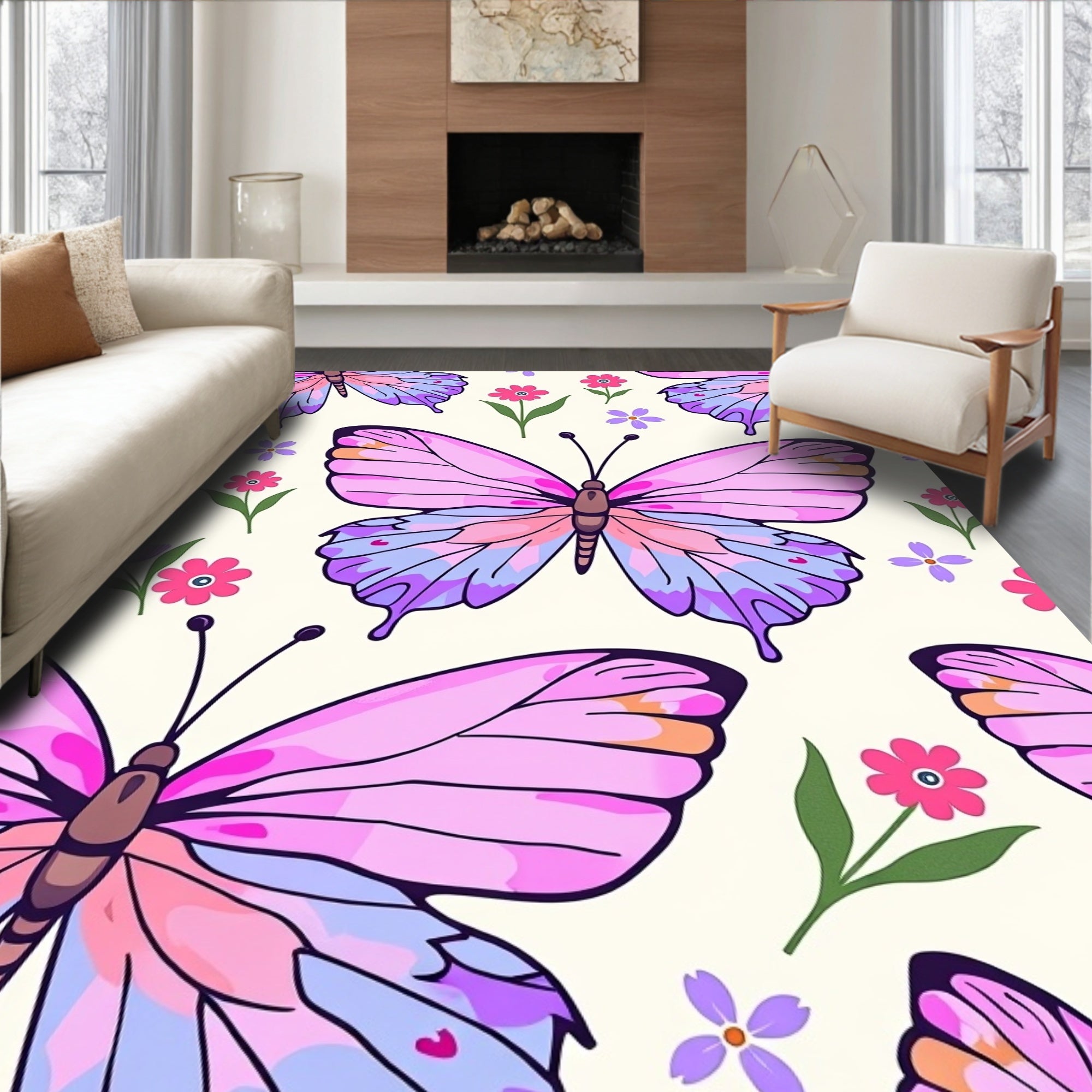 Pink Purple Butterfly Garden Whimsical Rug
