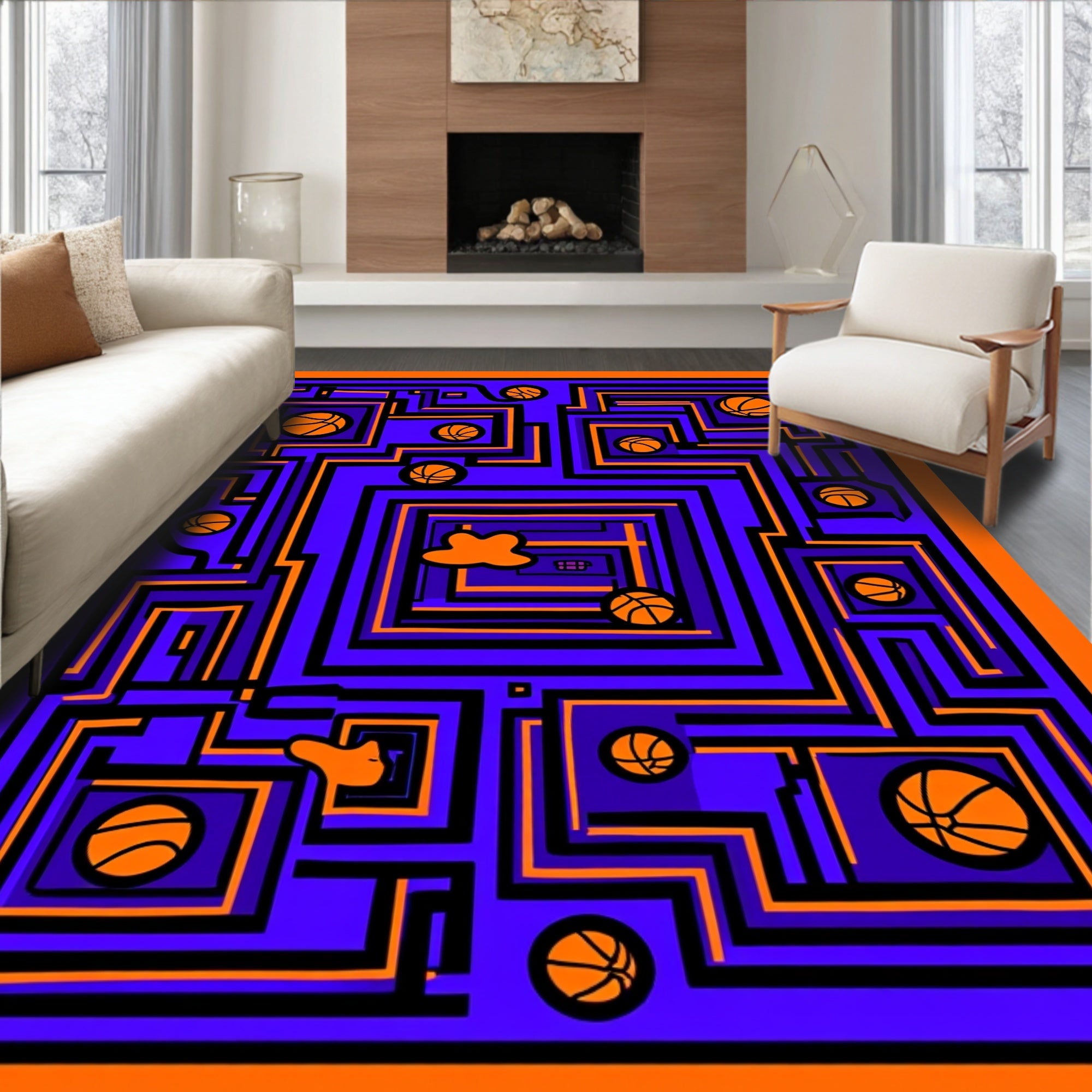 Vibrant Orange Basketball Maze Rug