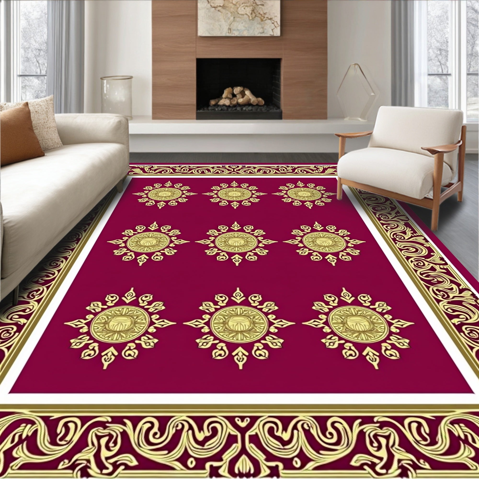 Crimson Gold Sunburst Medallion Border Rug