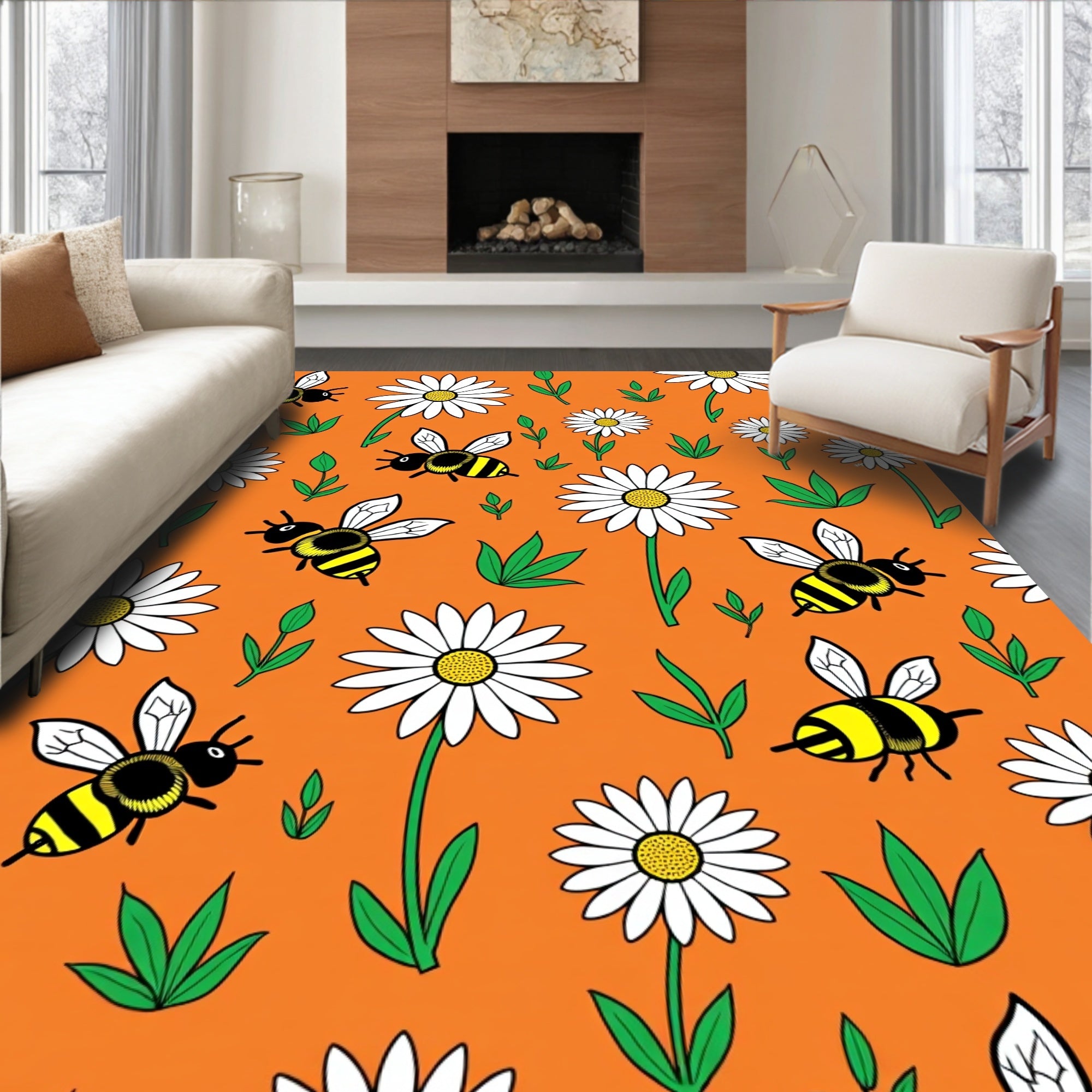 Whimsical Yellow Bee Daisy Garden Rug