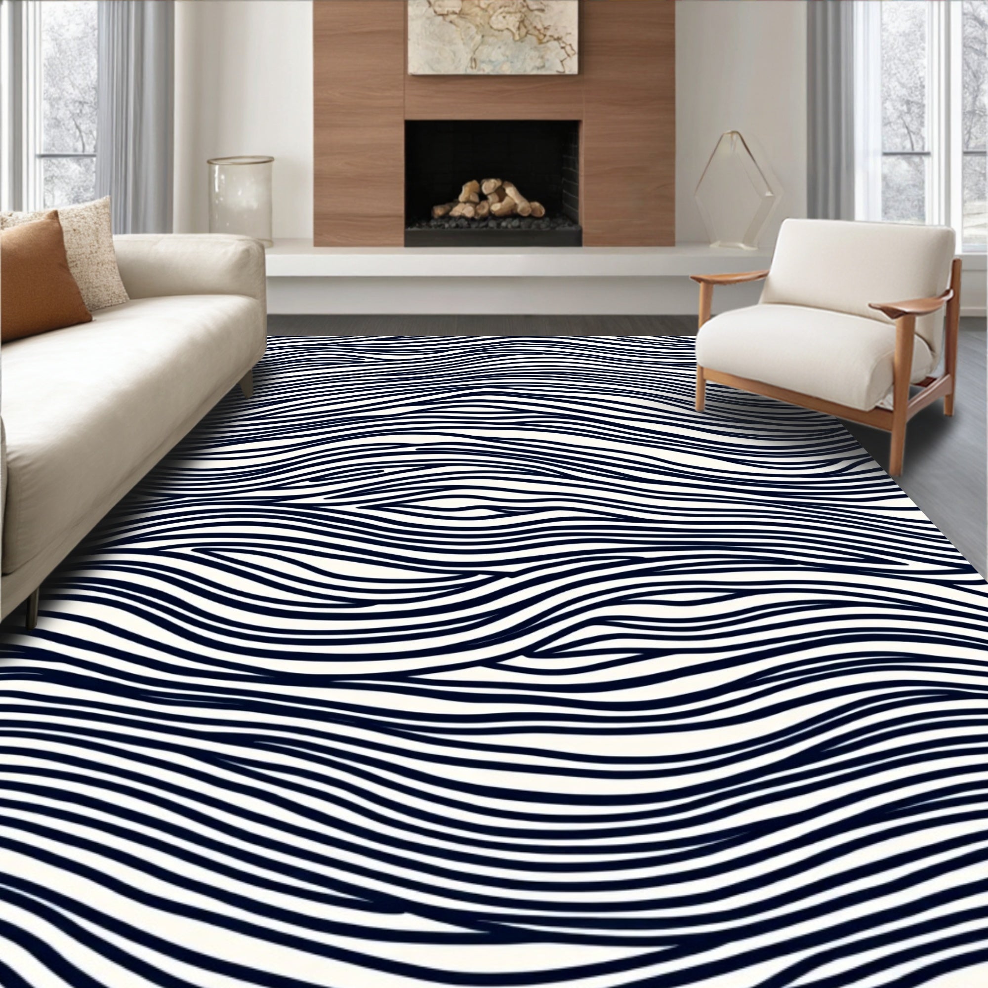 Modern Navy White Wavy Line Rug