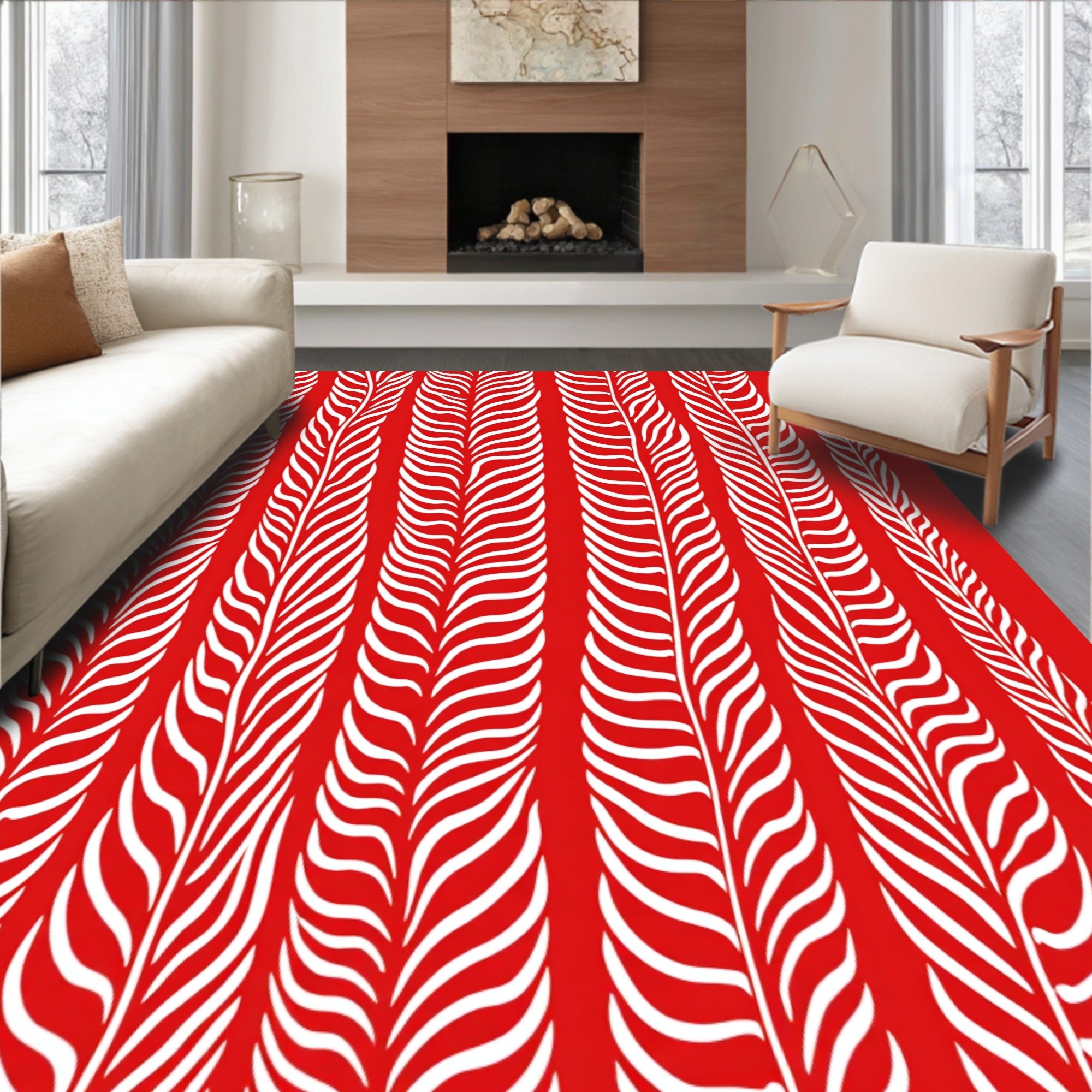 Bold Red White Abstract Stripe Rug