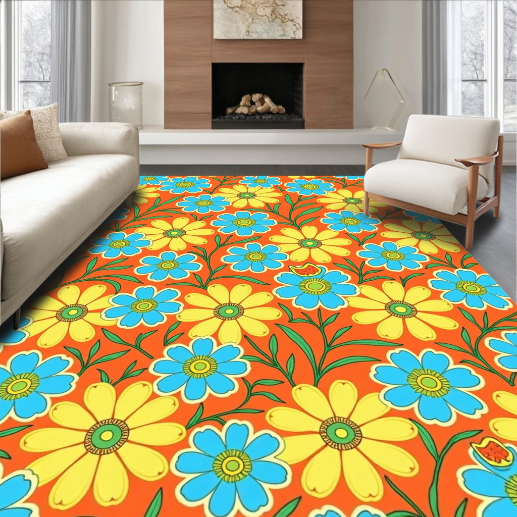 Vibrant Orange Floral With Blue Yellow Accents Rug