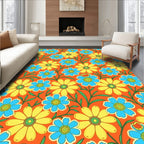 Vibrant Orange Floral With Blue Yellow Accents Rug