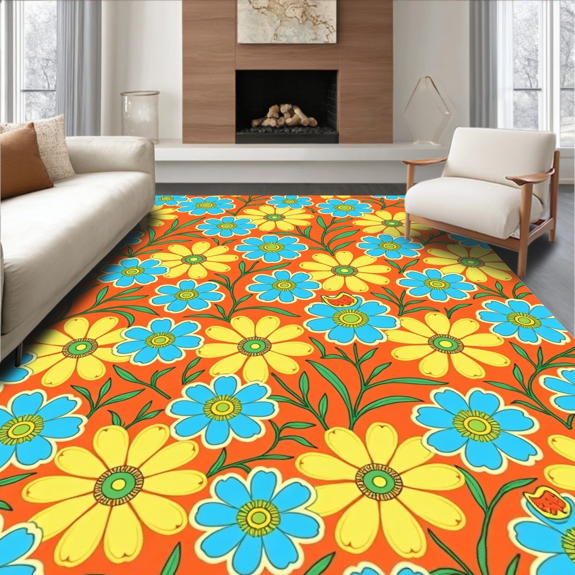 Vibrant Orange Floral With Blue Yellow Accents Rug