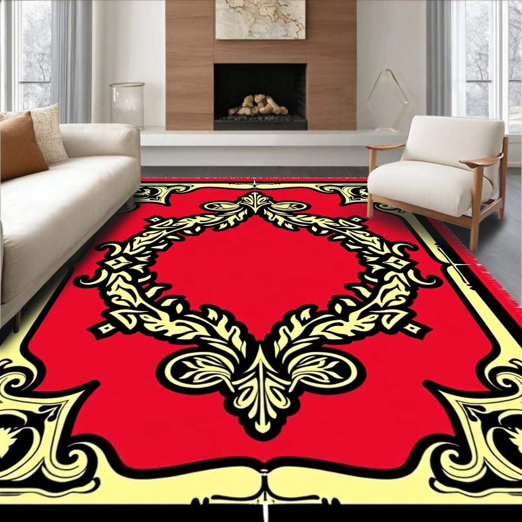 Vibrant Red Black Filigree Laurel Rug