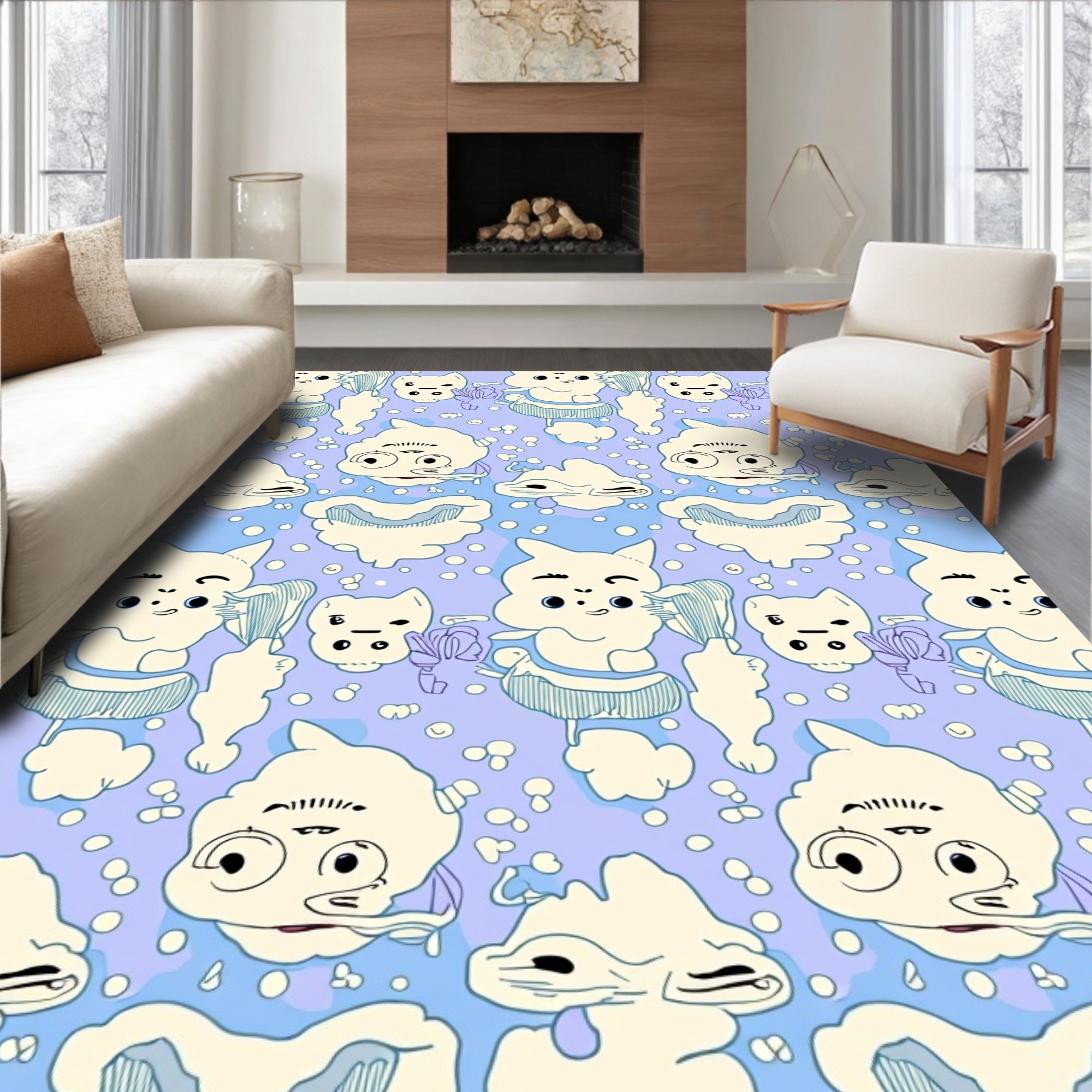 Whimsical Cream Cloud Characters Lavender Background Rug