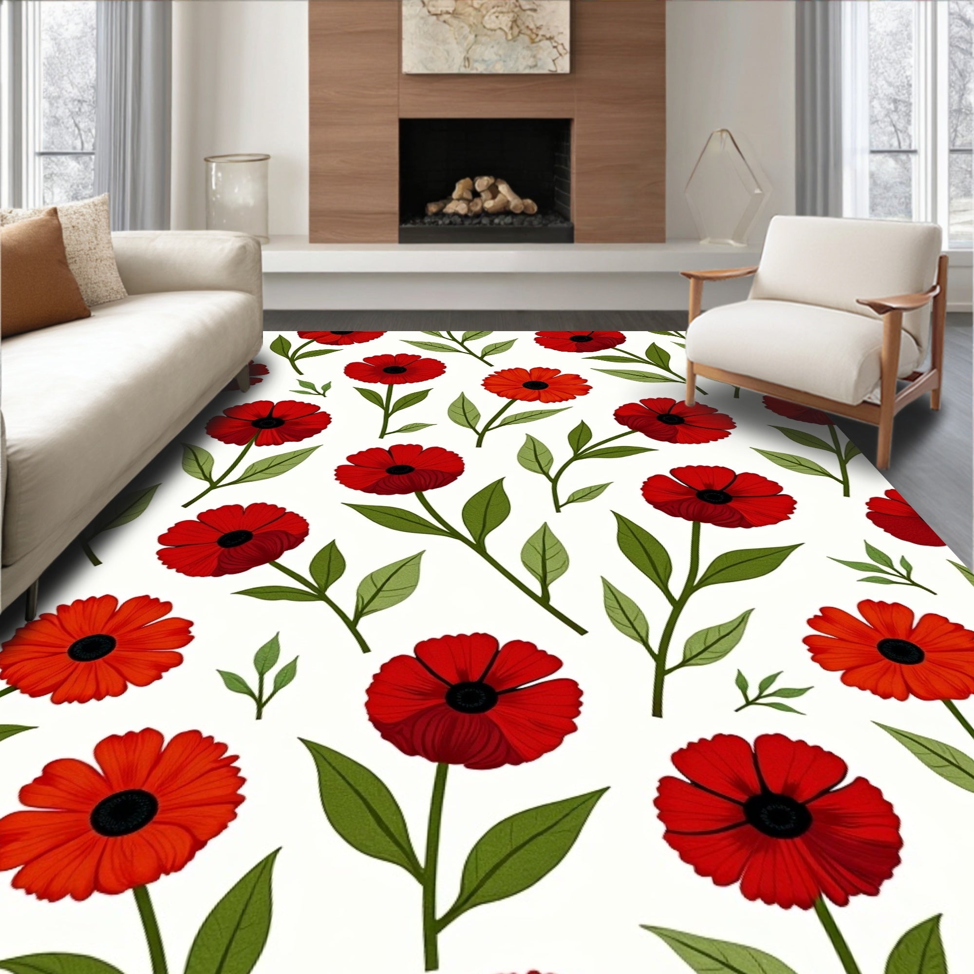 Crimson Poppy Floral Garden Rug