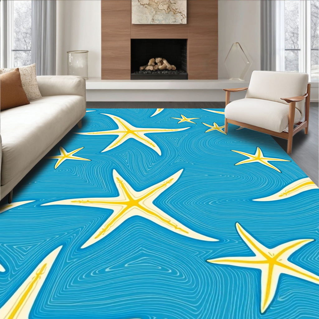 Coastal Yellow Starfish Aquatic Swirl Rug