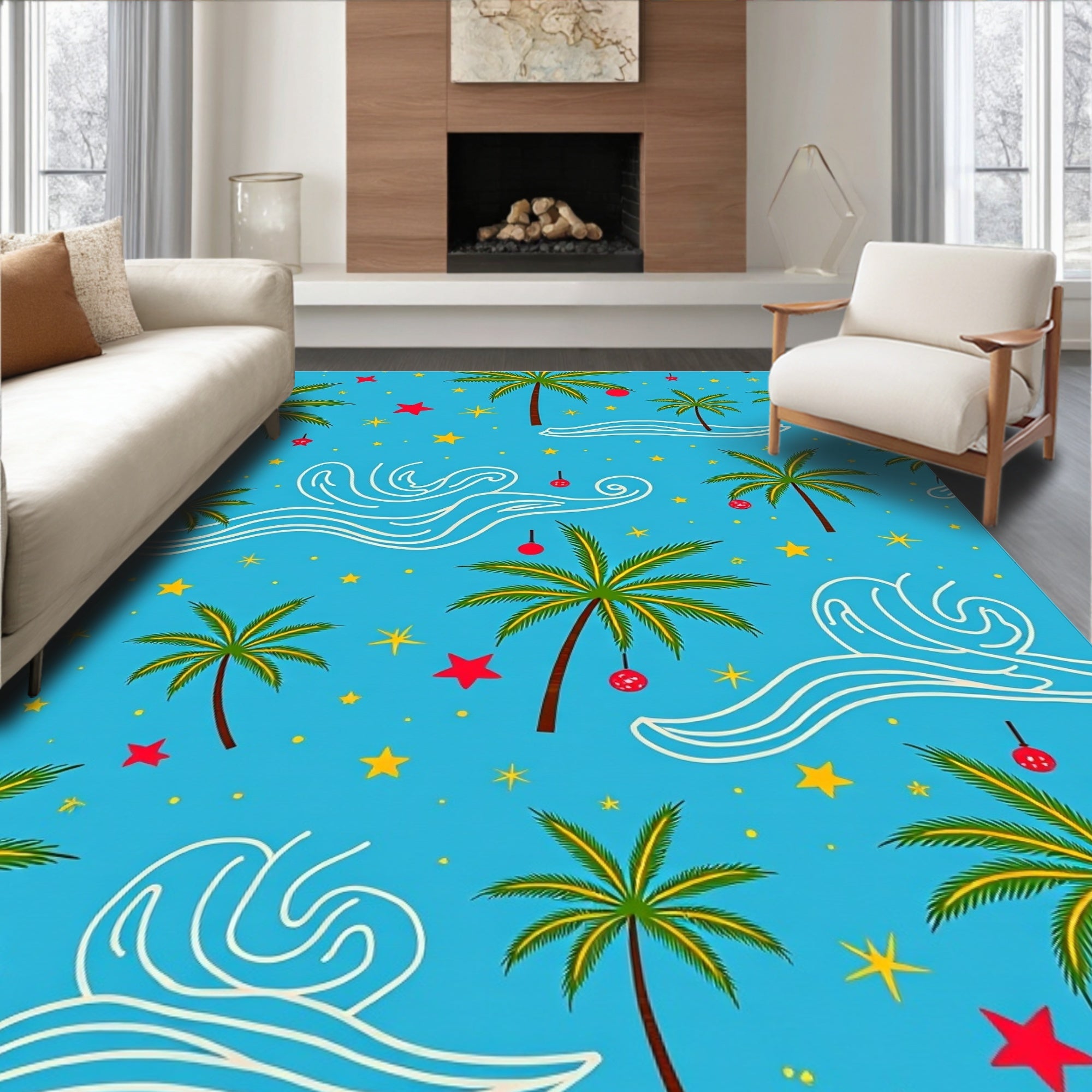 Tropical Palm Trees with Ornate Waves Rug