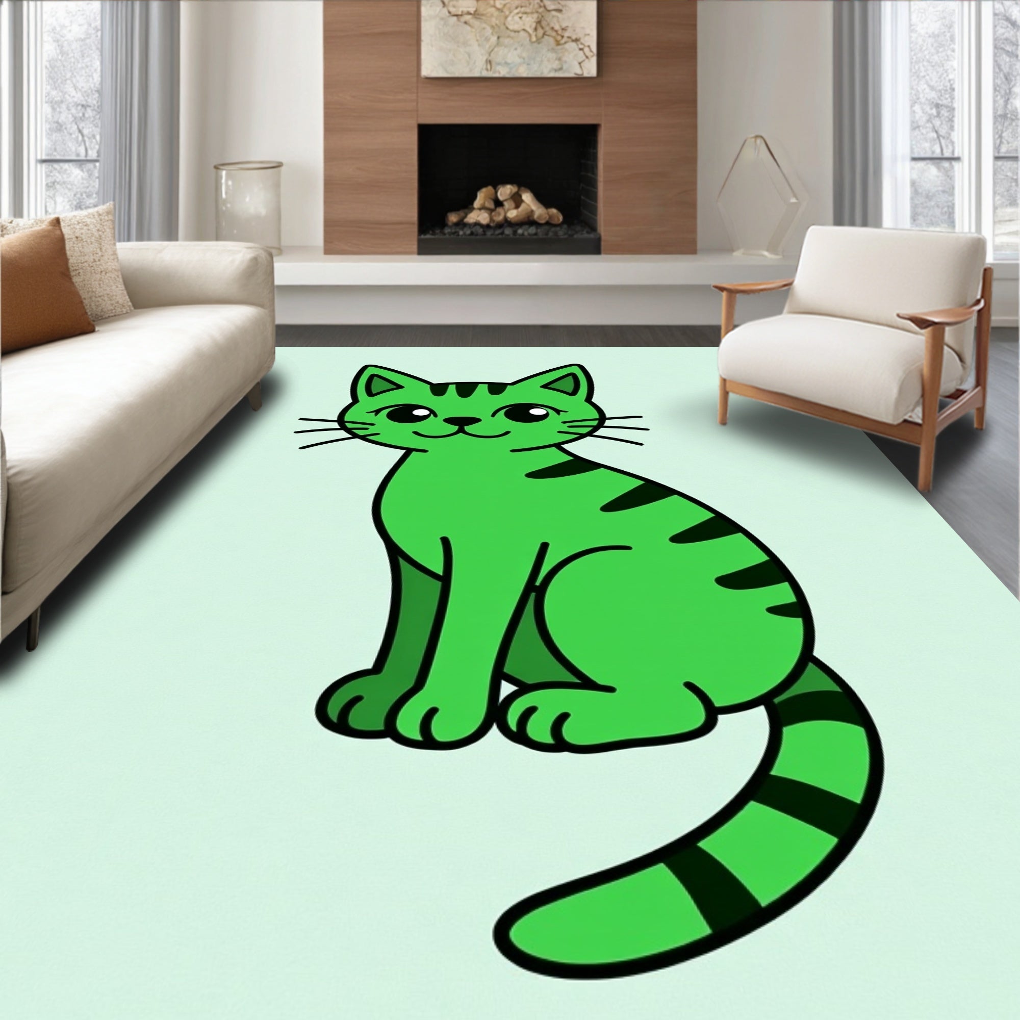 Vibrant Green Striped Feline Rug