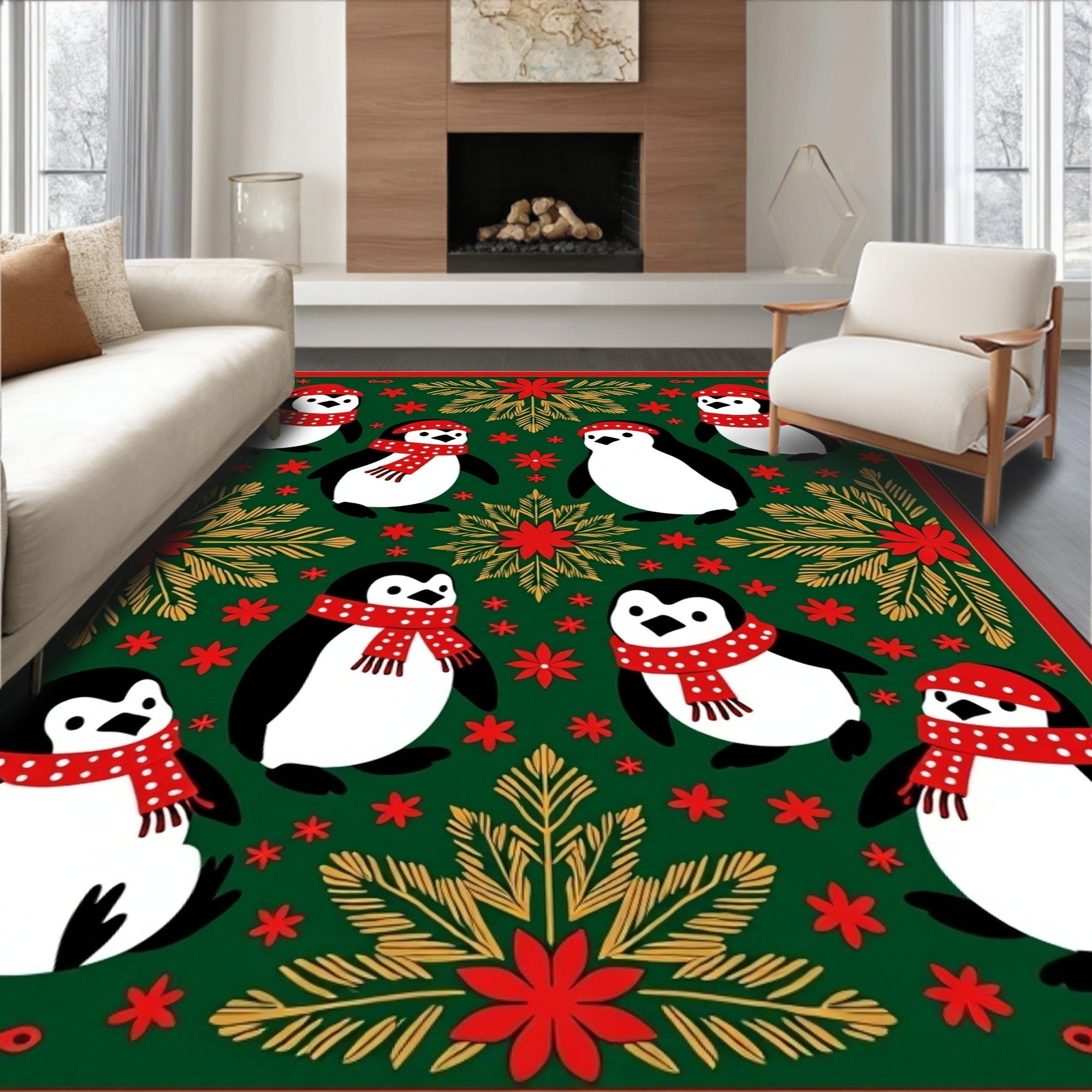 Festive Green Penguin Holiday Collection Rug