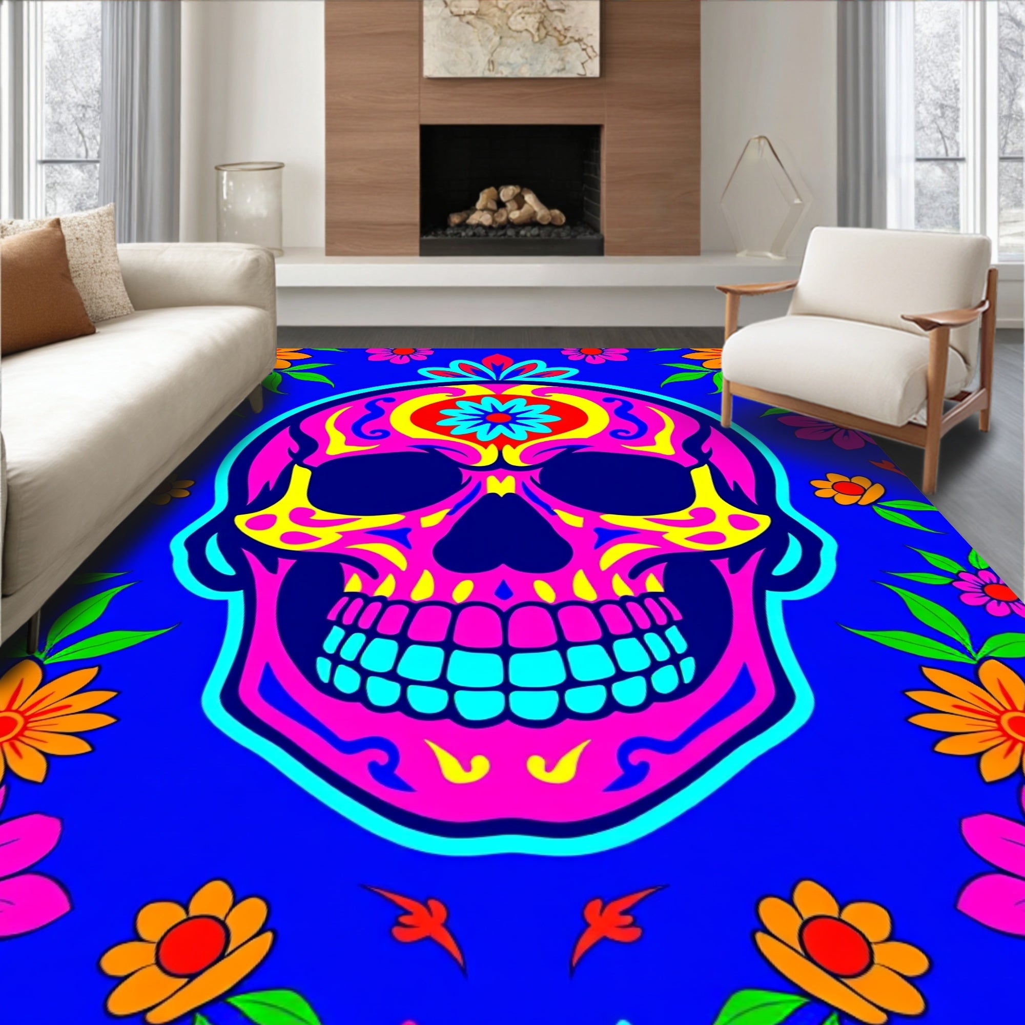 Vibrant Floral Skull Day Of The Dead Rug