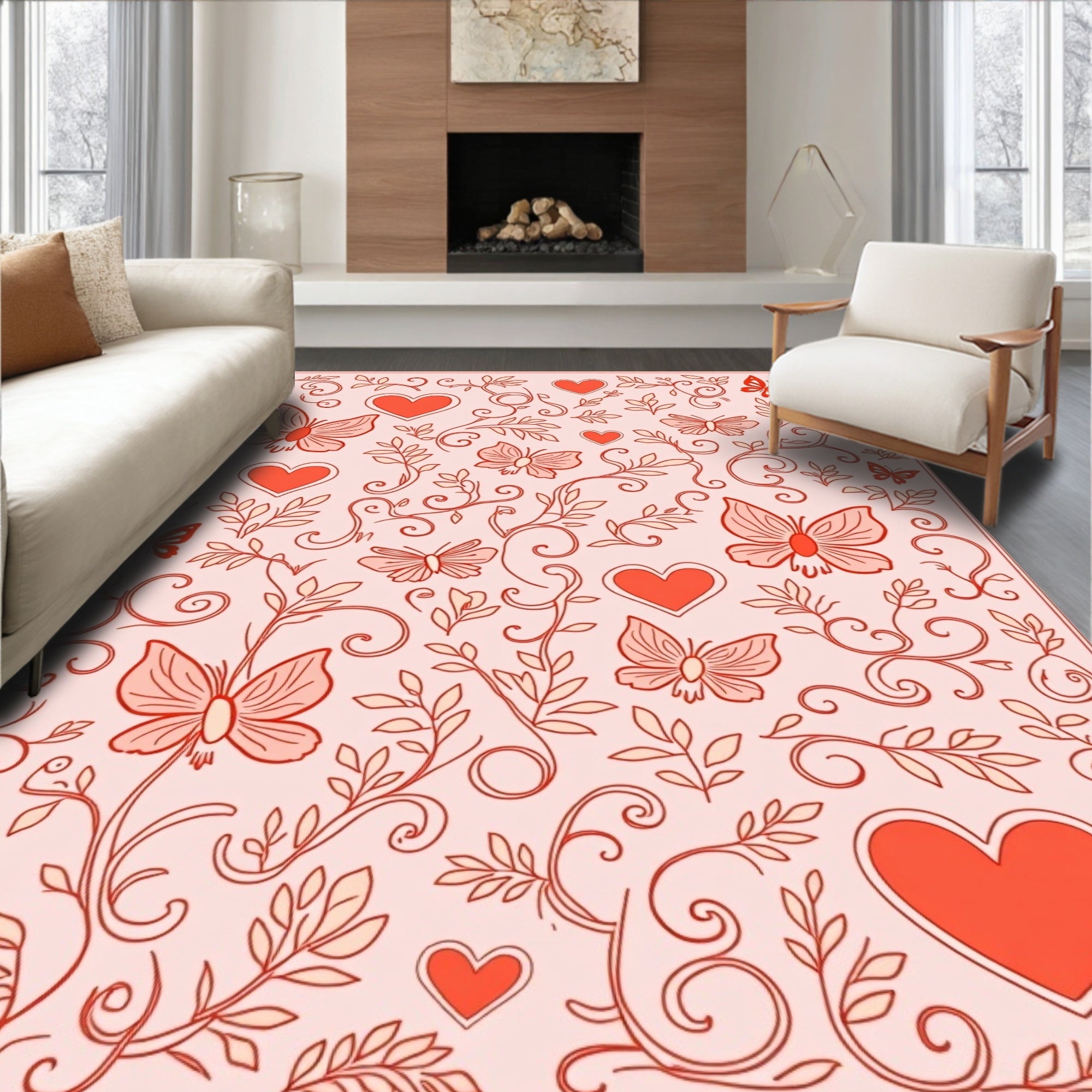 Coral Butterflies Hearts Floral Vines Rug