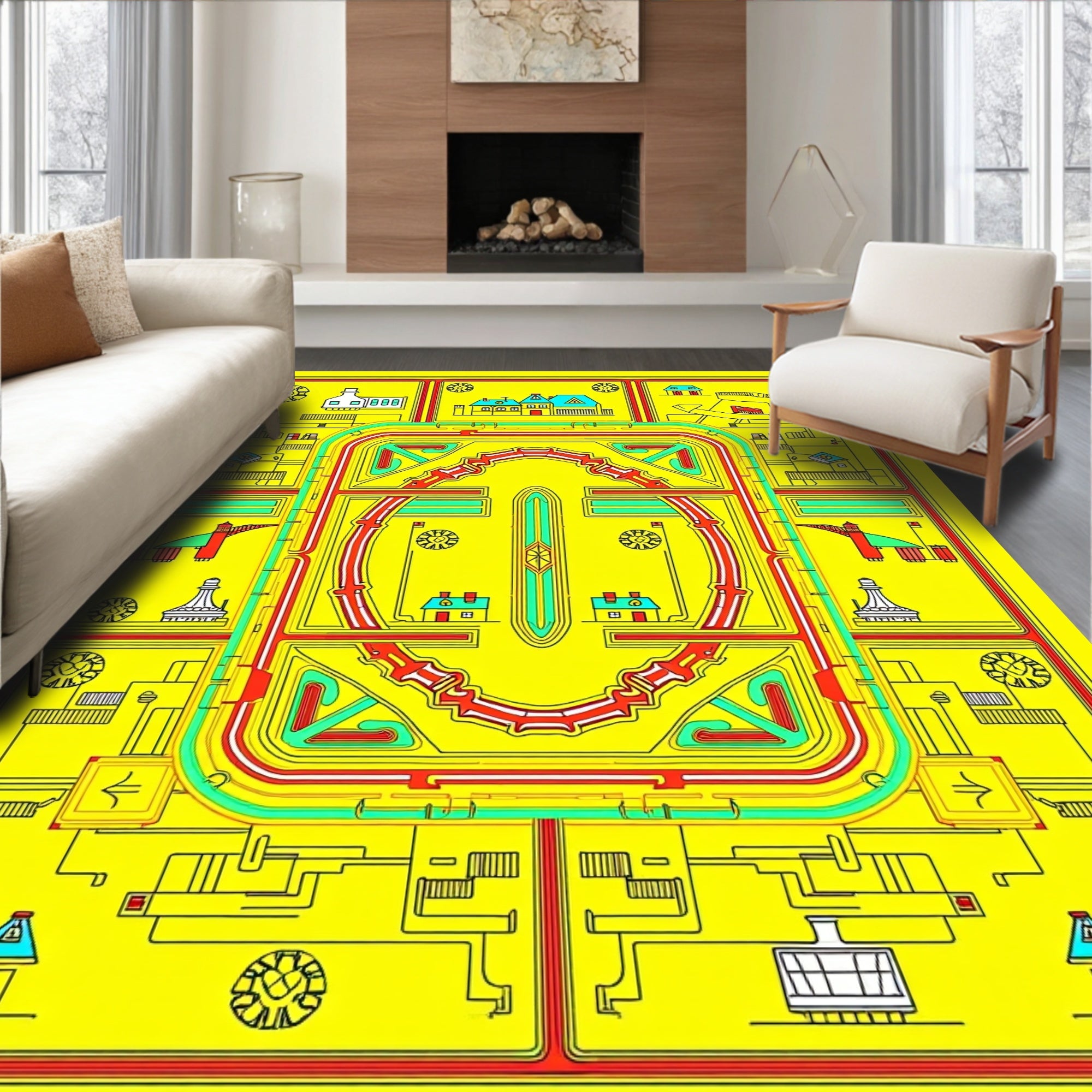 Yellow Red Teal Village Cityscape Mandala Rug