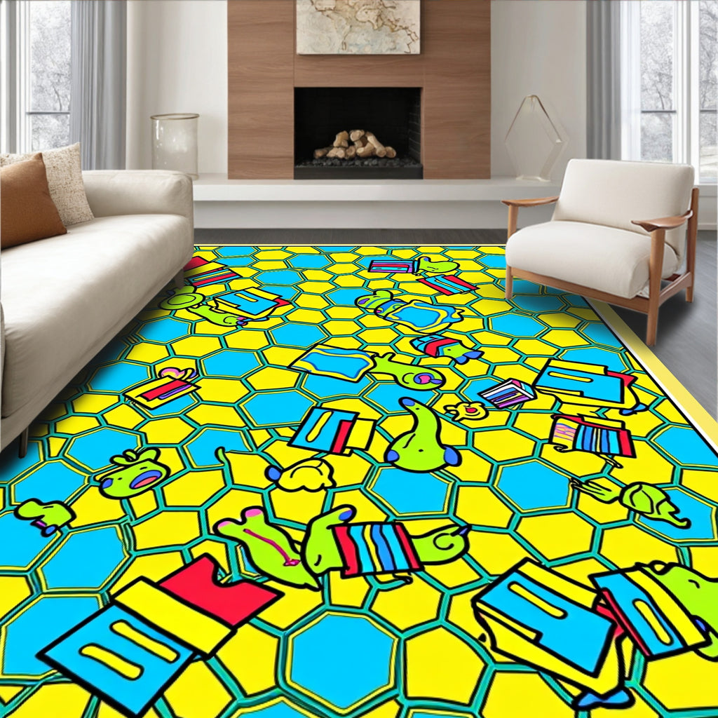 Whimsical Yellow Blue Cartoon Creatures Rug
