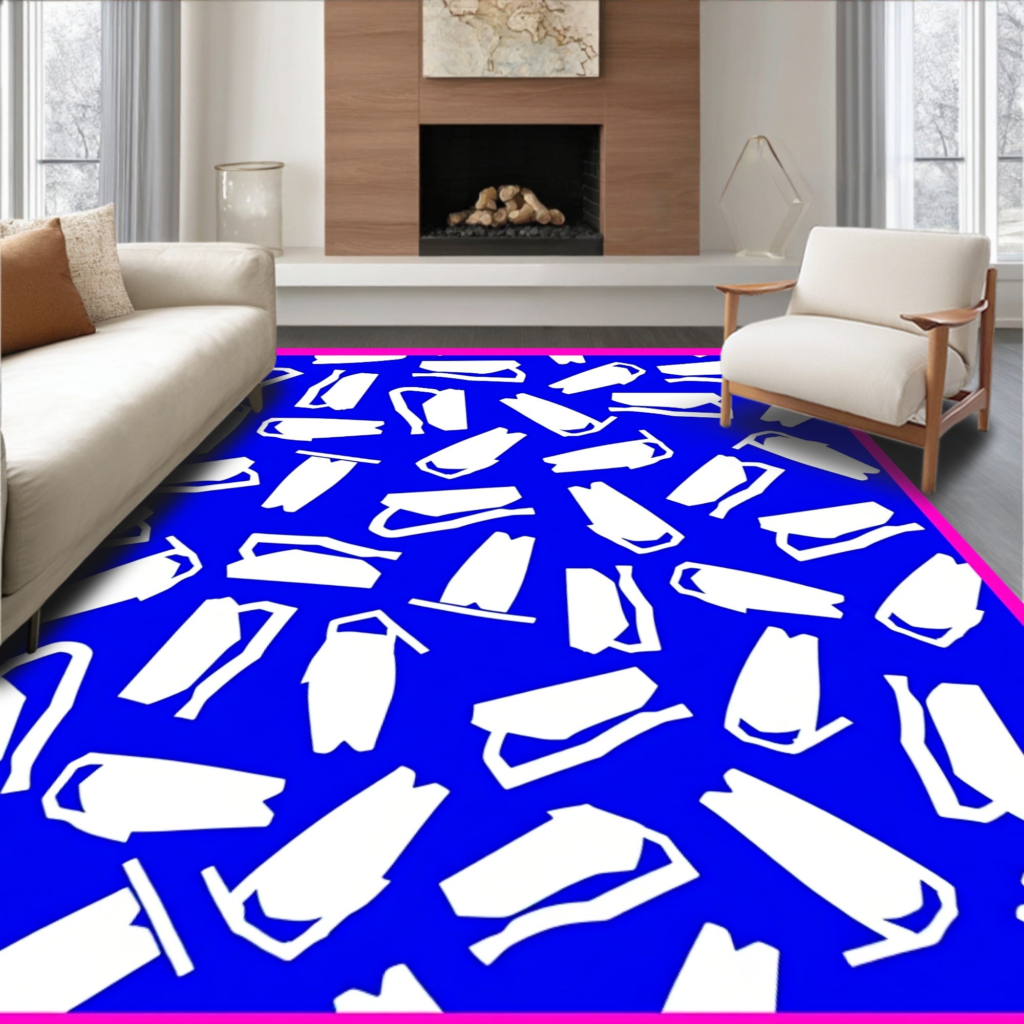 Bold White Abstract Shapes Electric Blue Rug