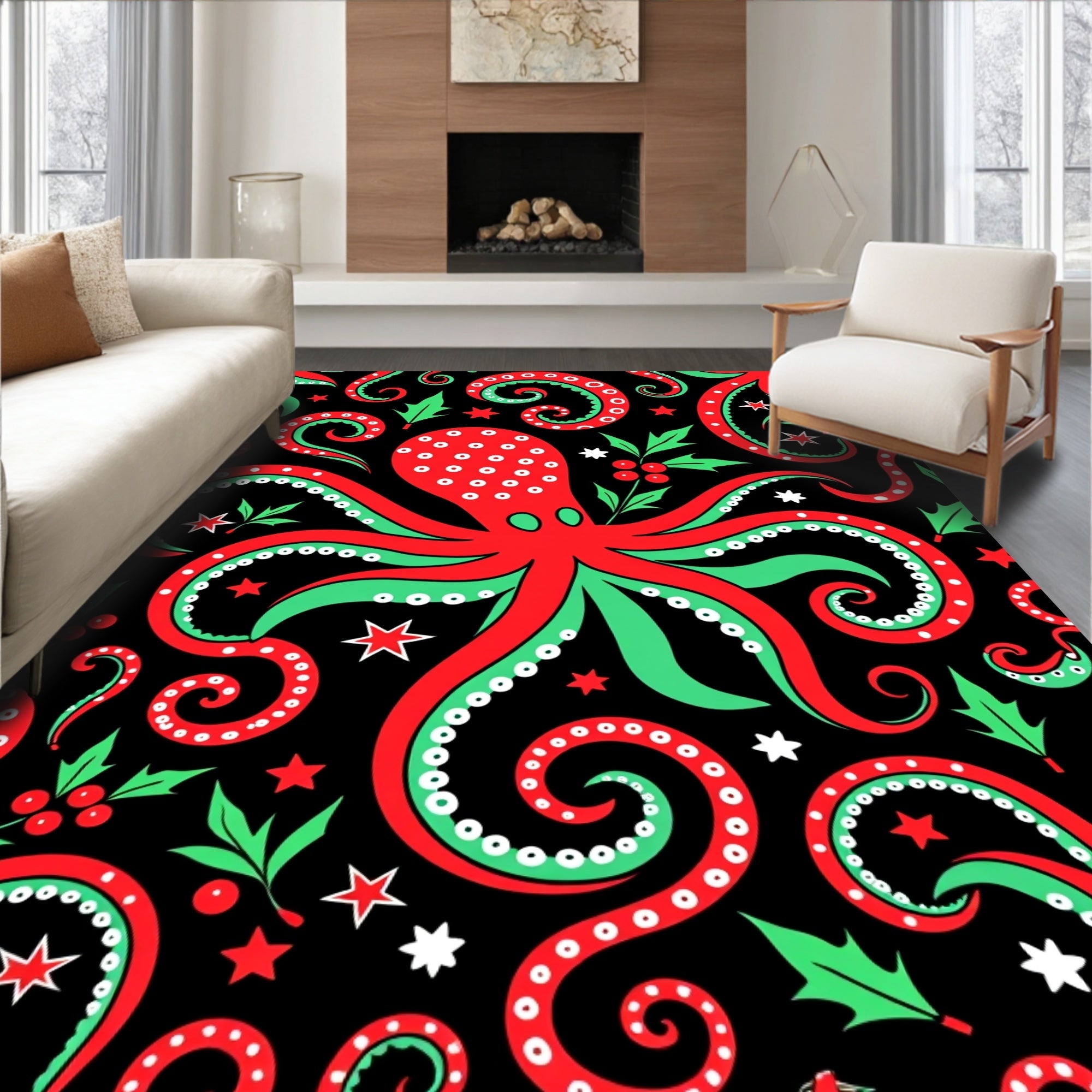 Festive Red Green Octopus Swirls Rug