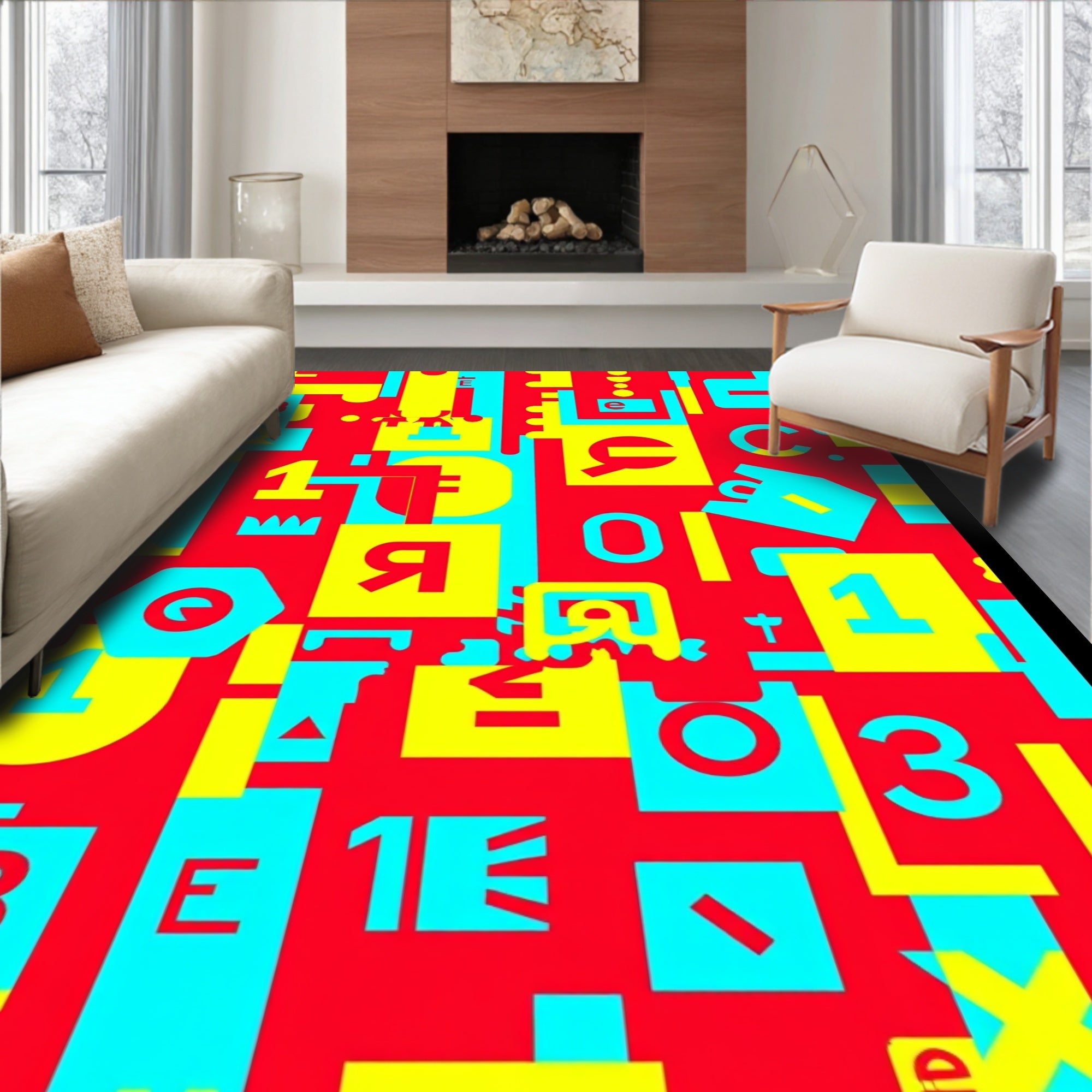 Bold Red Yellow Turquoise Geometric Collage Rug