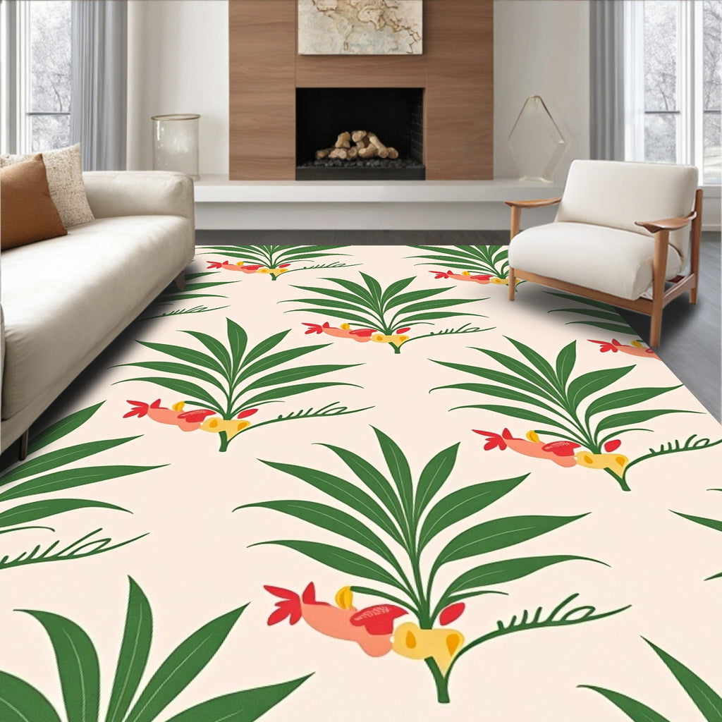 Tropical Pink Coral Green Palm Leaves Rug