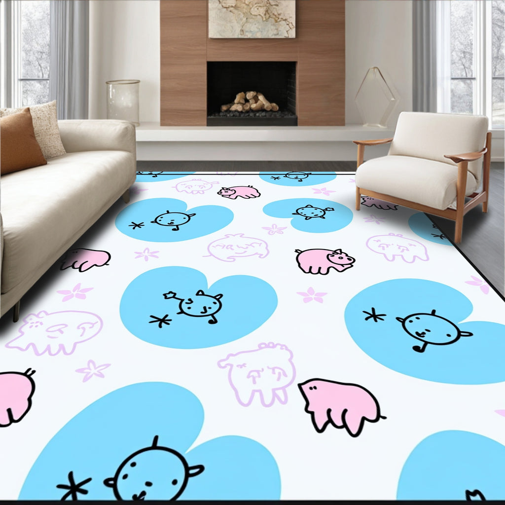 Cute Pink Piggy Blue Heart Cartoon Rug