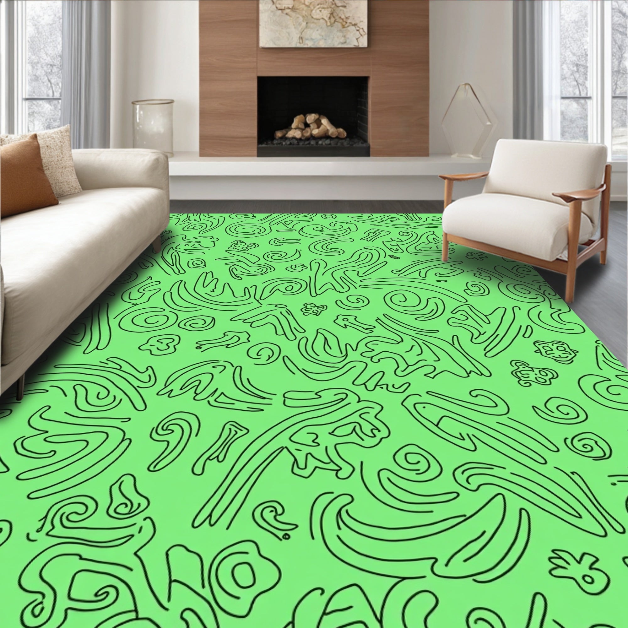 Abstract Black Swirls Light Green Rug