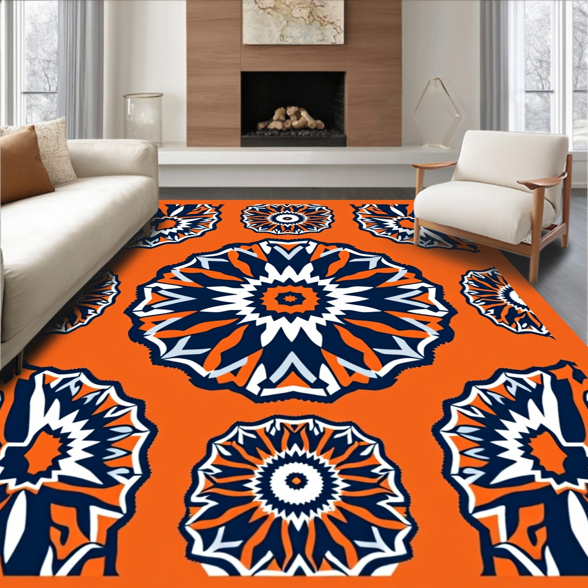 Bold Orange Navy Geometric Medallion Rug