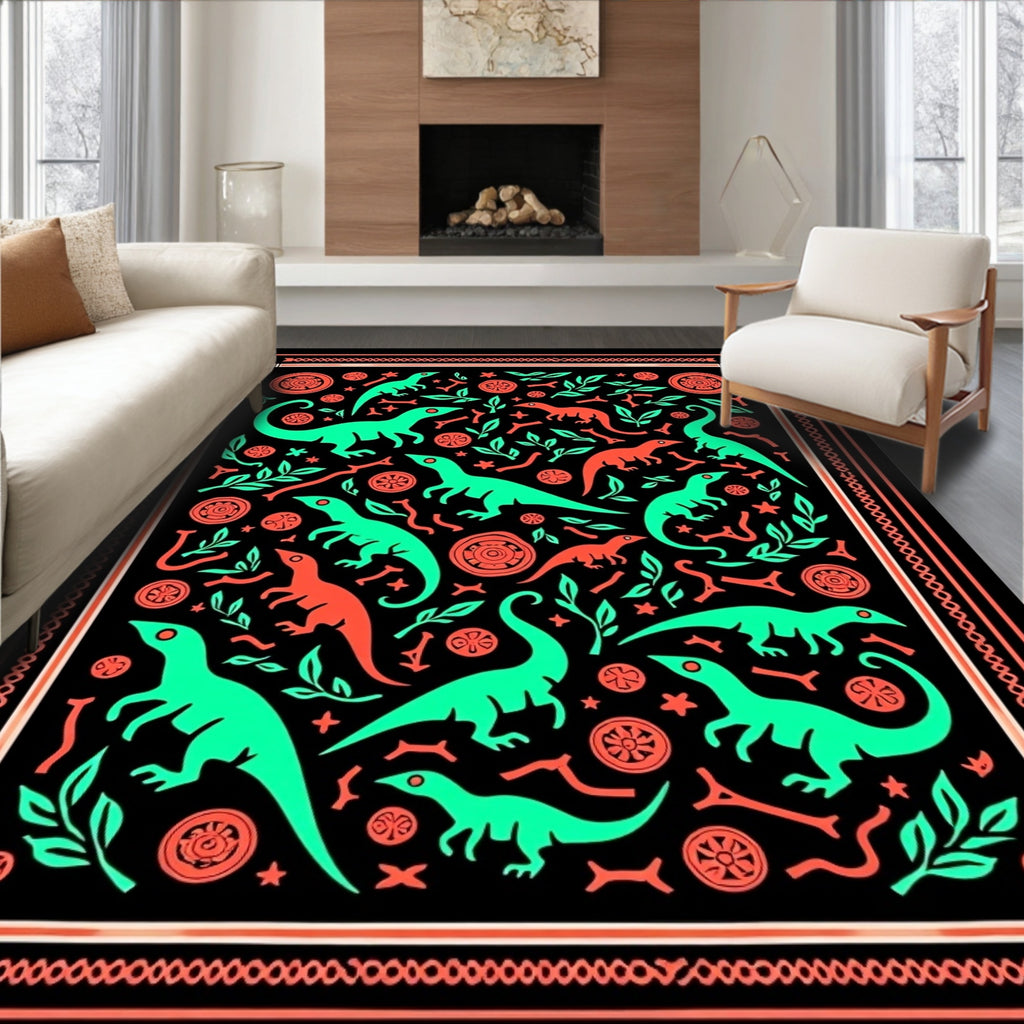Aqua and Coral Dinosaur Jungle Rug