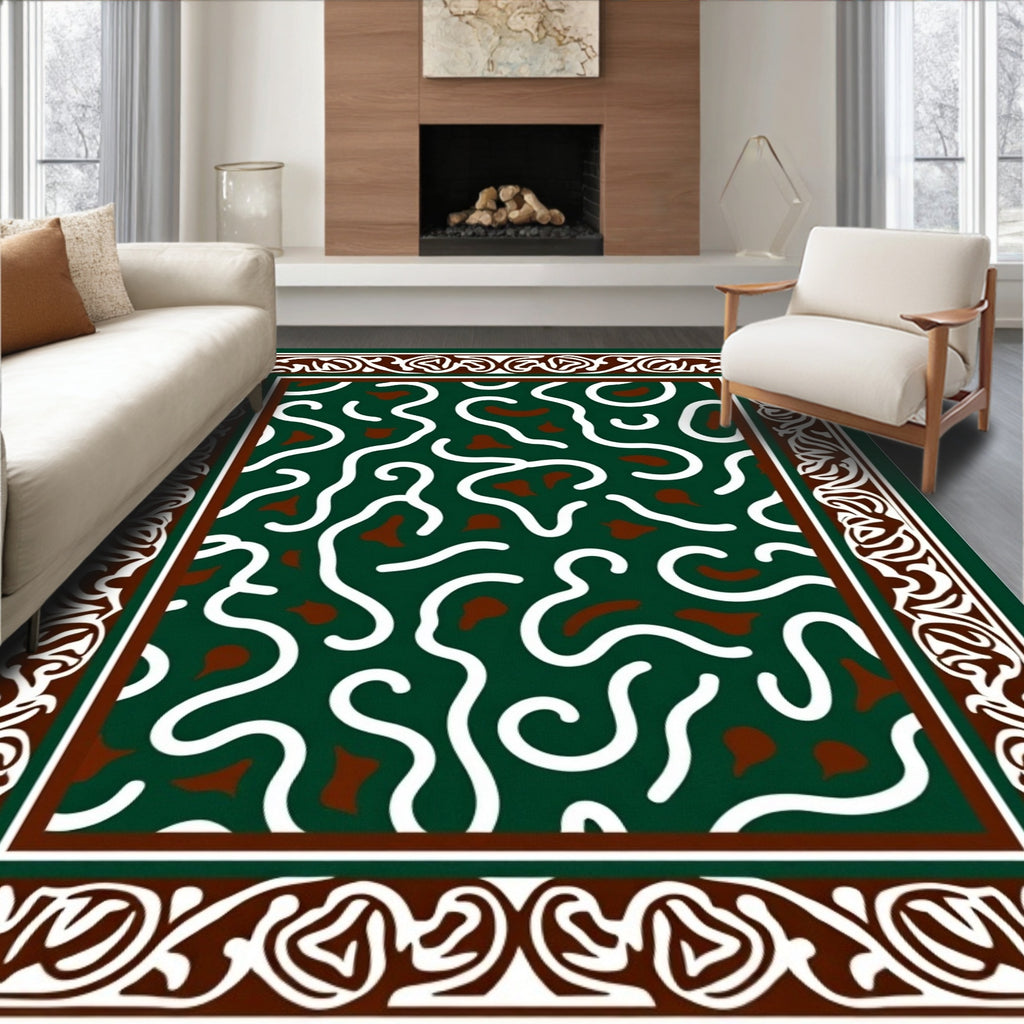 Deep Green Abstract Swirl Border Rug