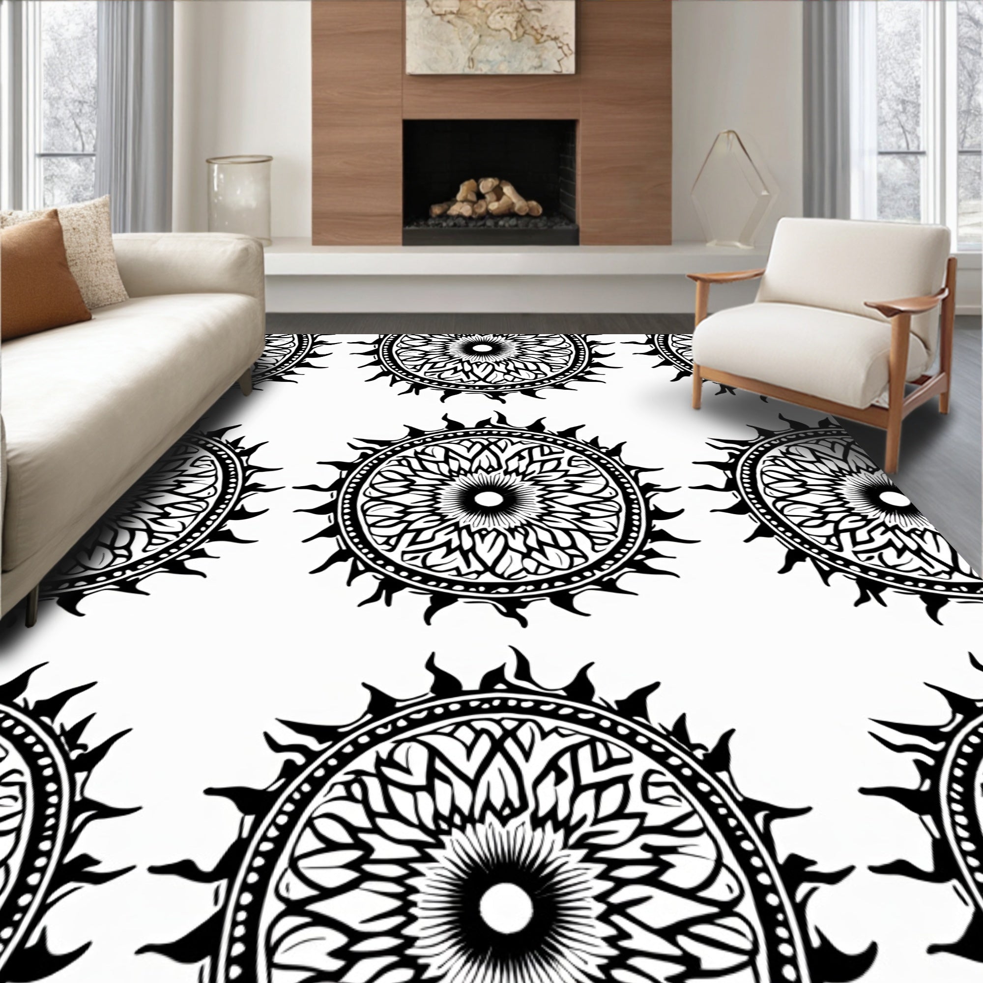 Black White Sunburst Mandala Rug