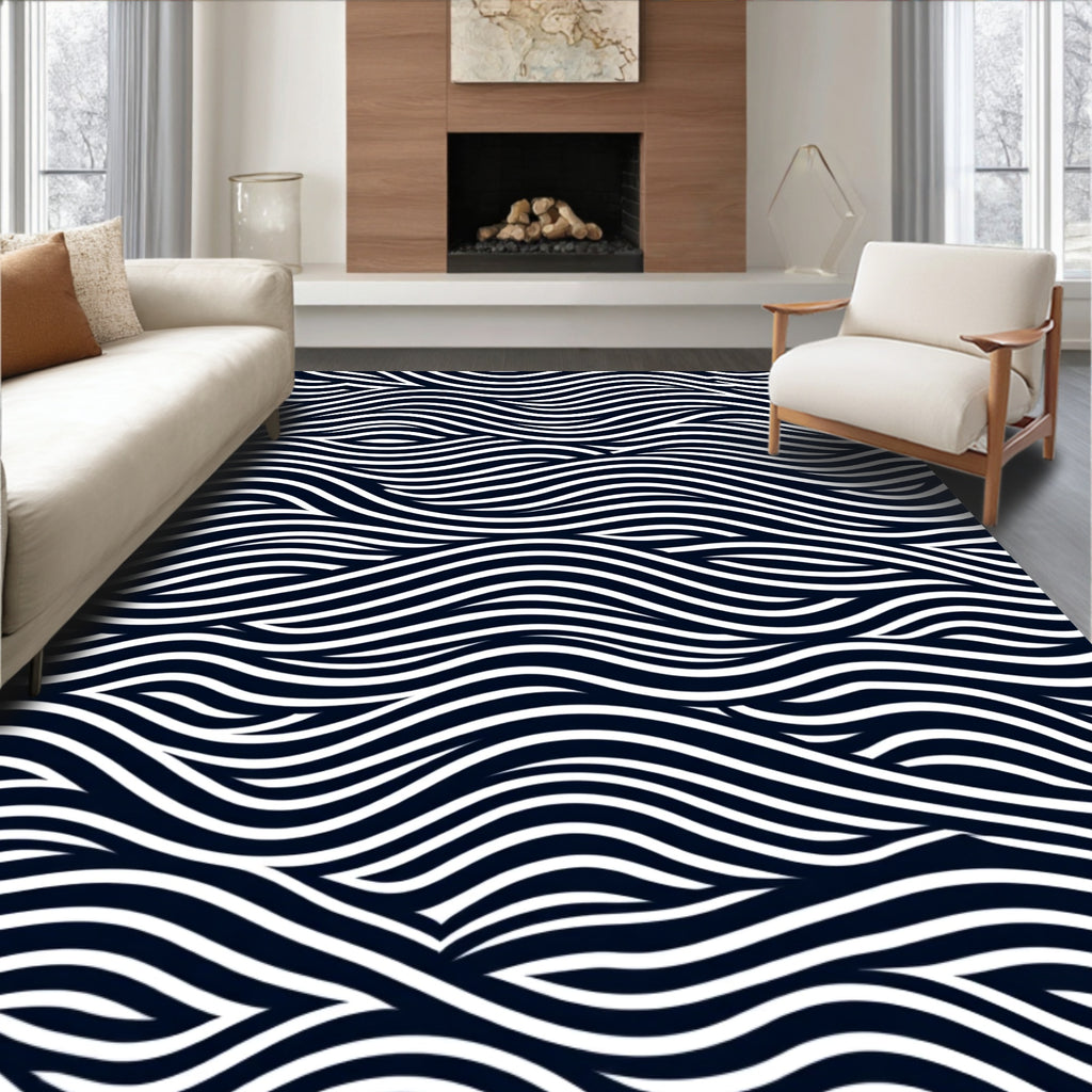 Dark Blue White Flowing Wave Rug